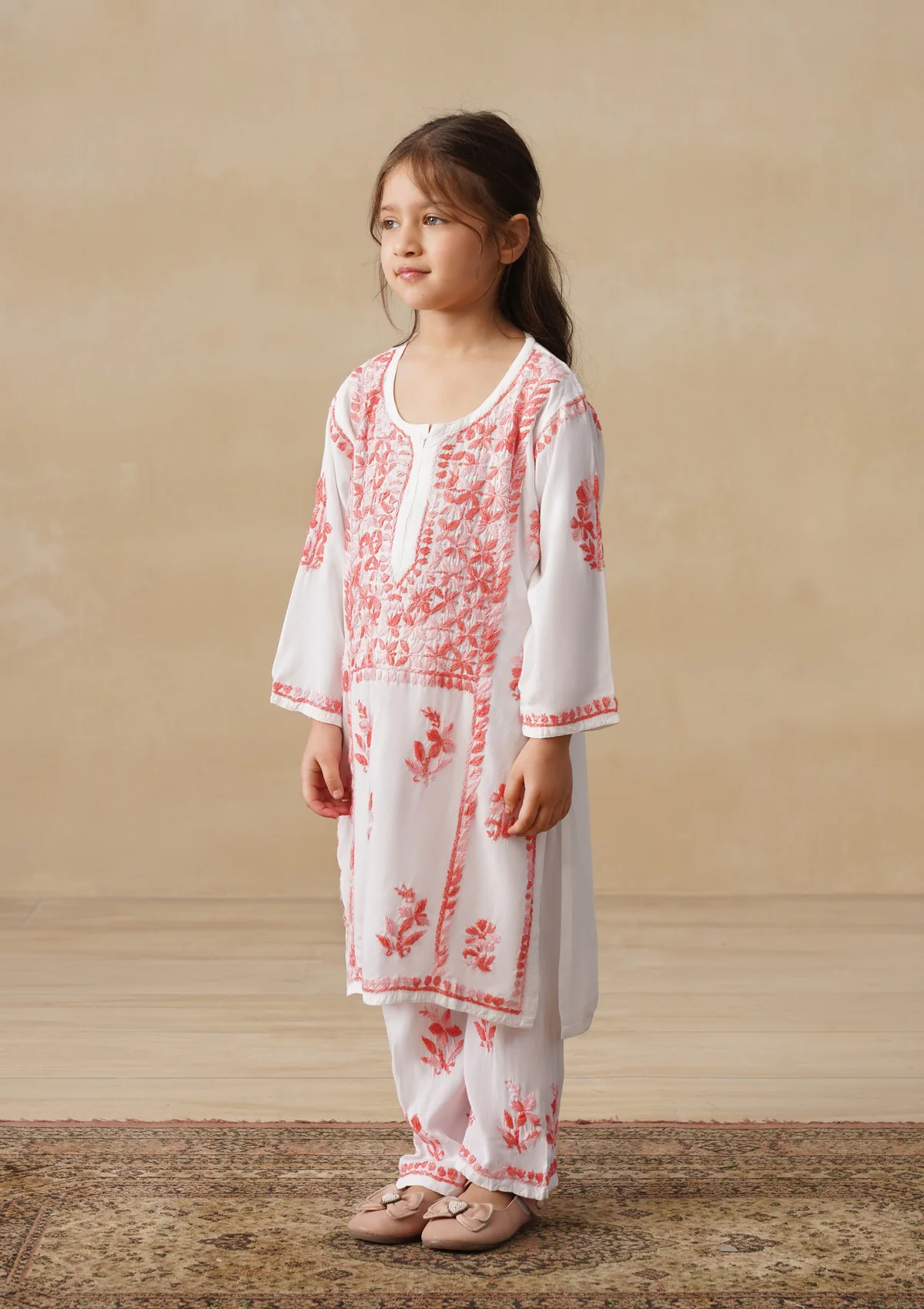 HOC Rayon Chikankari Solid Girls 2 PC Long Kurta Set - White - Image 3
