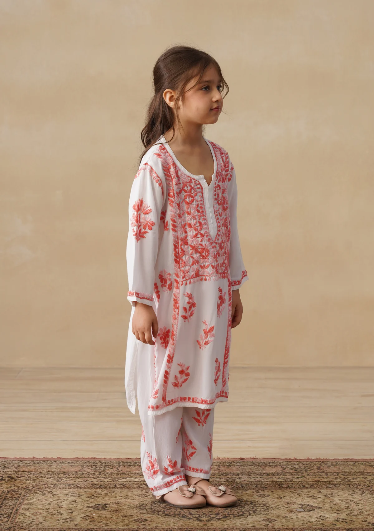 HOC Rayon Chikankari Solid Girls 2 PC Long Kurta Set - White - Image 4