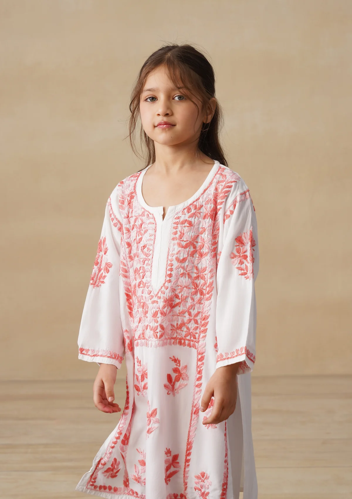 HOC Rayon Chikankari Solid Girls 2 PC Long Kurta Set - White - Image 5