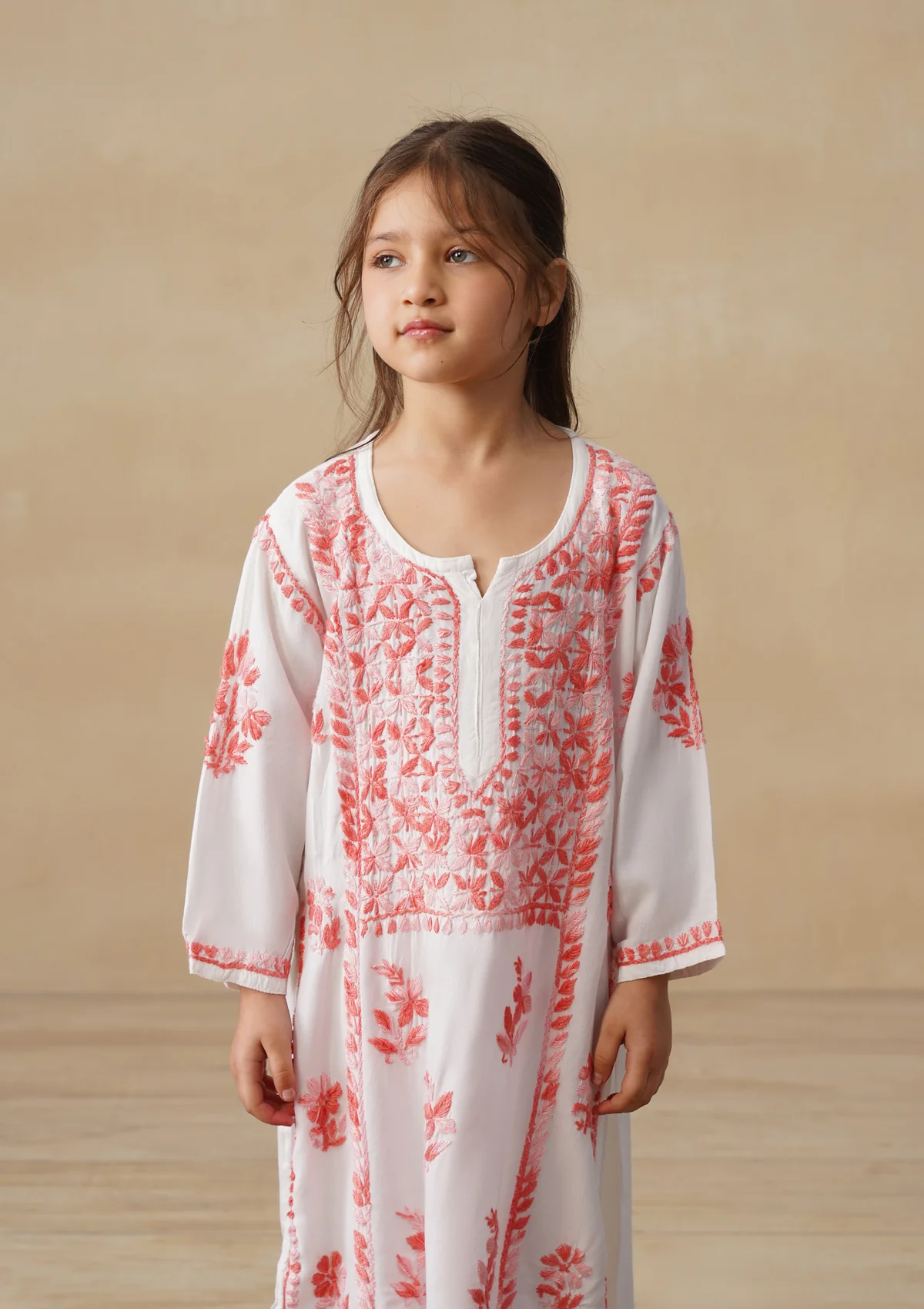 HOC Rayon Chikankari Solid Girls 2 PC Long Kurta Set - White - Image 6