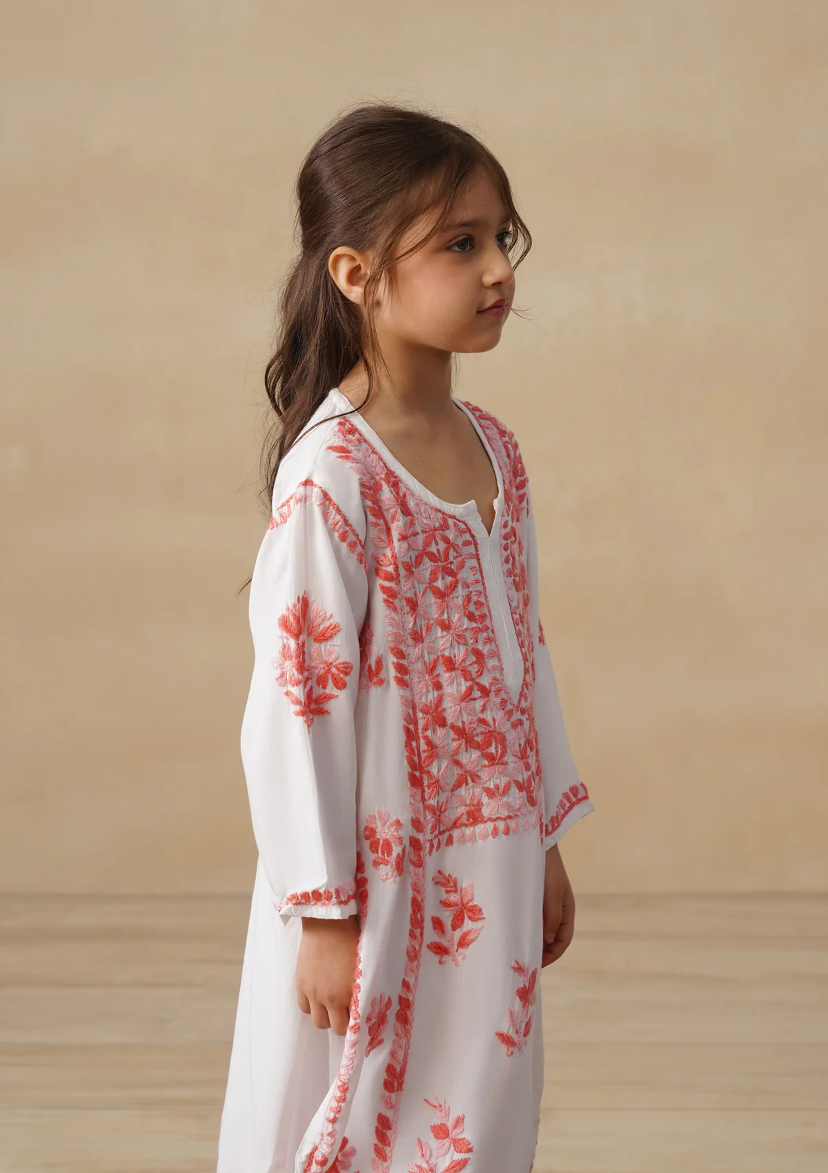 HOC Rayon Chikankari Solid Girls 2 PC Long Kurta Set - White - Image 7