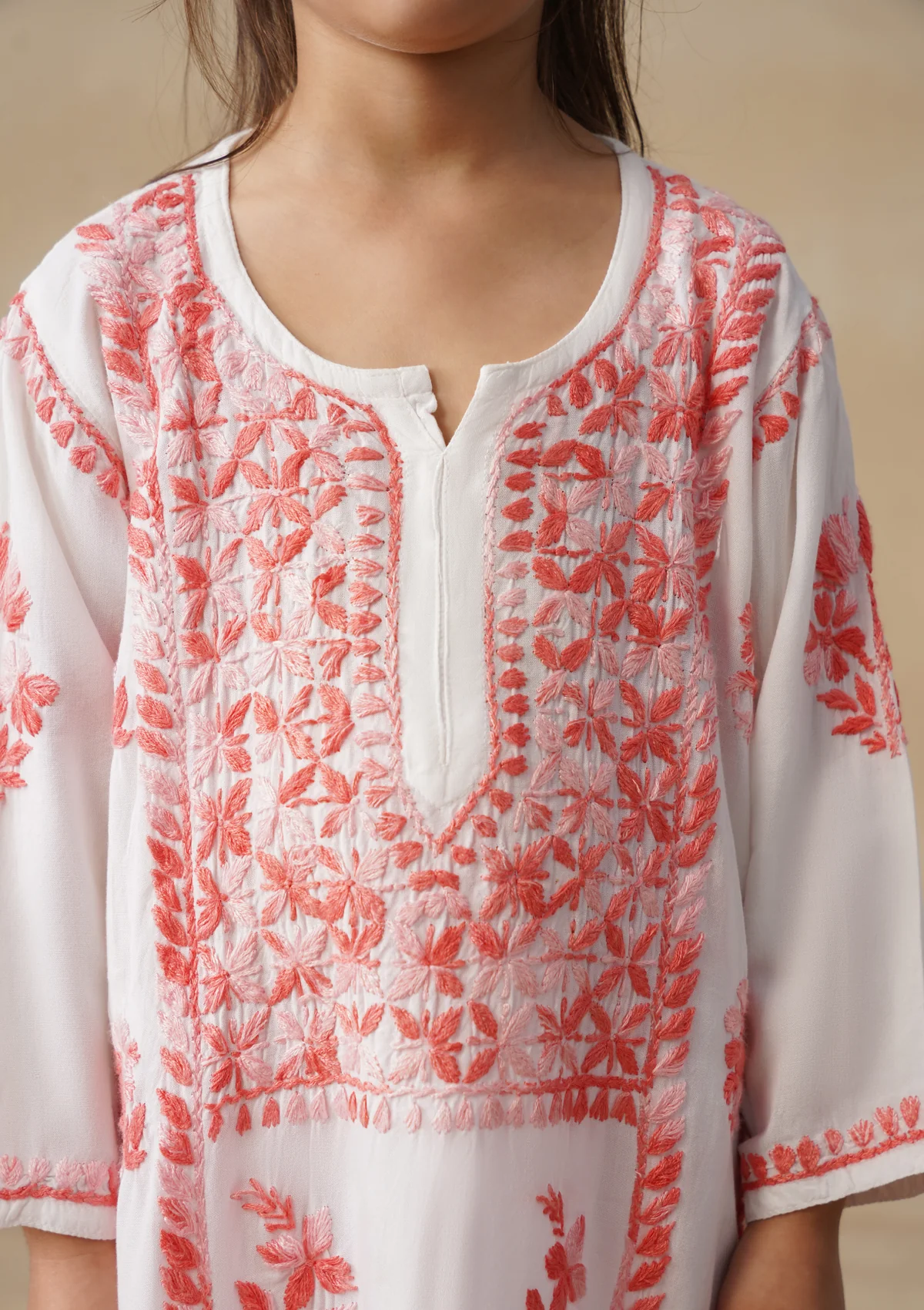 HOC Rayon Chikankari Solid Girls 2 PC Long Kurta Set - White - Image 9