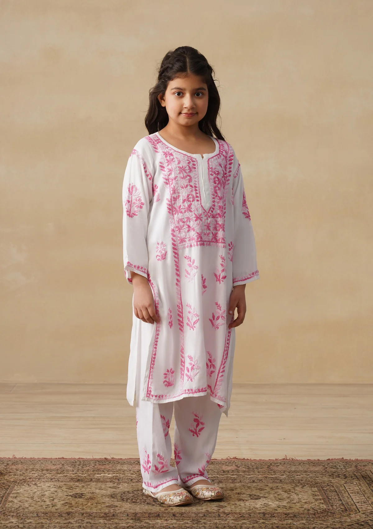 HOC Rayon Chikankari Solid Girls 2 PC Long Kurta Set - White - Image 3