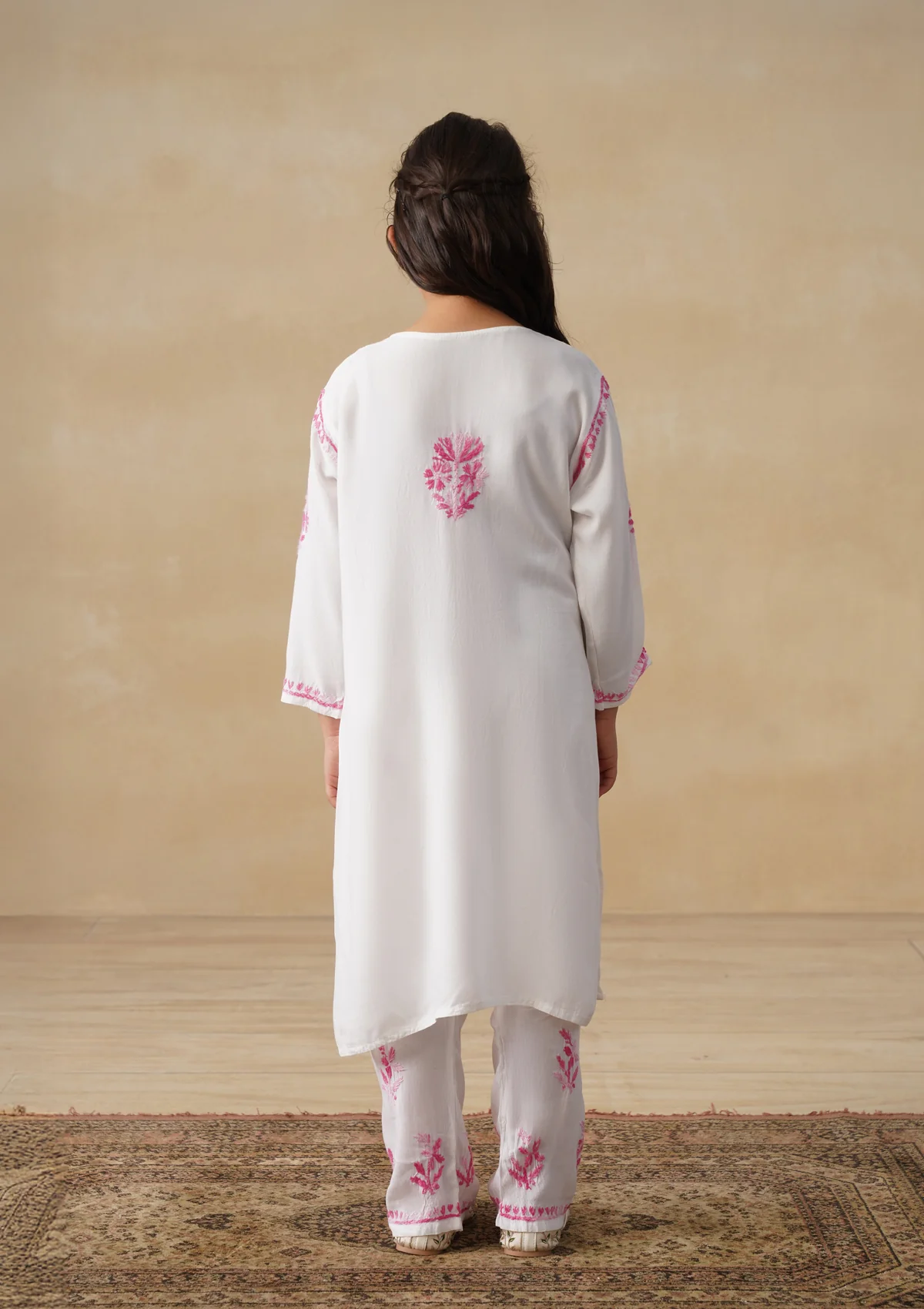 HOC Rayon Chikankari Solid Girls 2 PC Long Kurta Set - White - Image 7