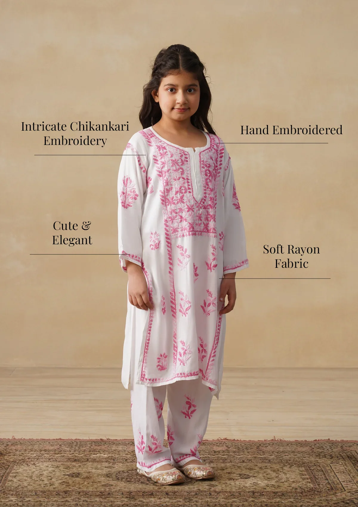 HOC Rayon Chikankari Solid Girls 2 PC Long Kurta Set - White - Image 9