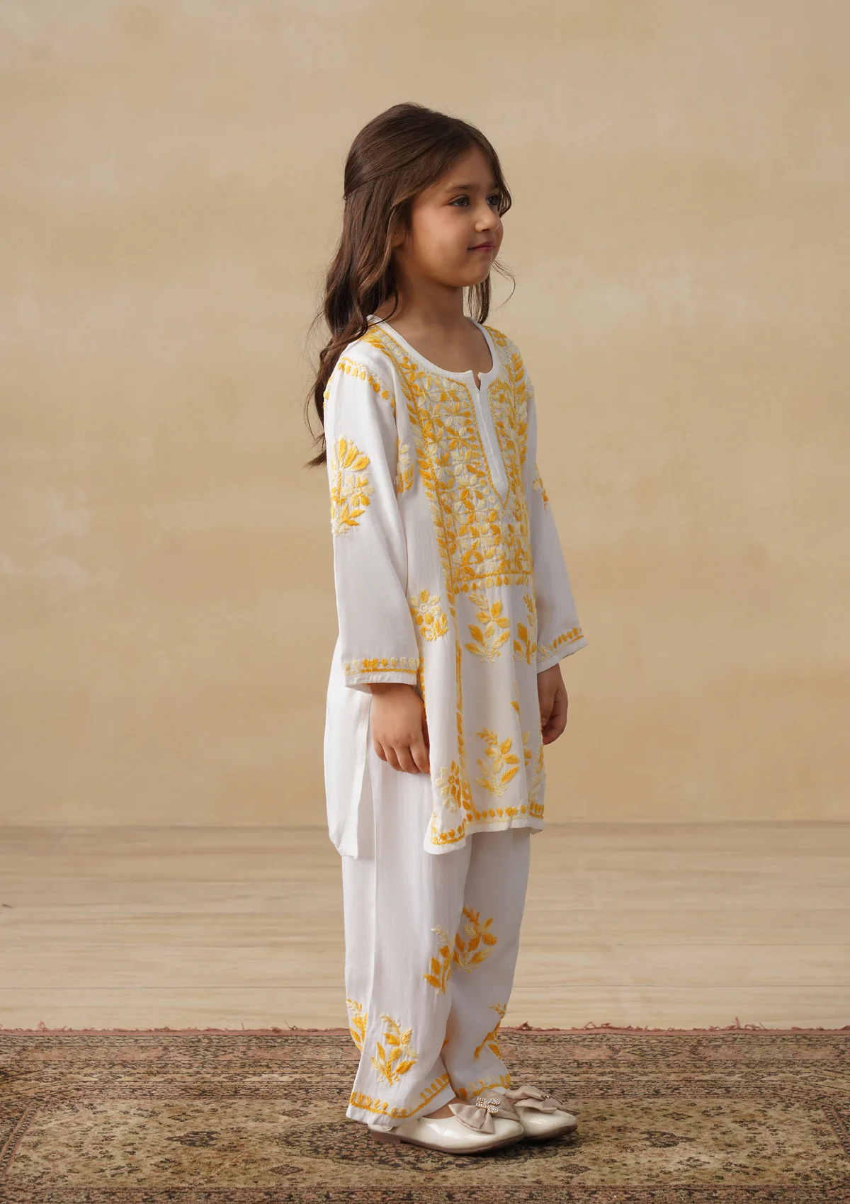 HOC Rayon Chikankari Solid Girls 2 PC Long Kurta Set - White - Image 3