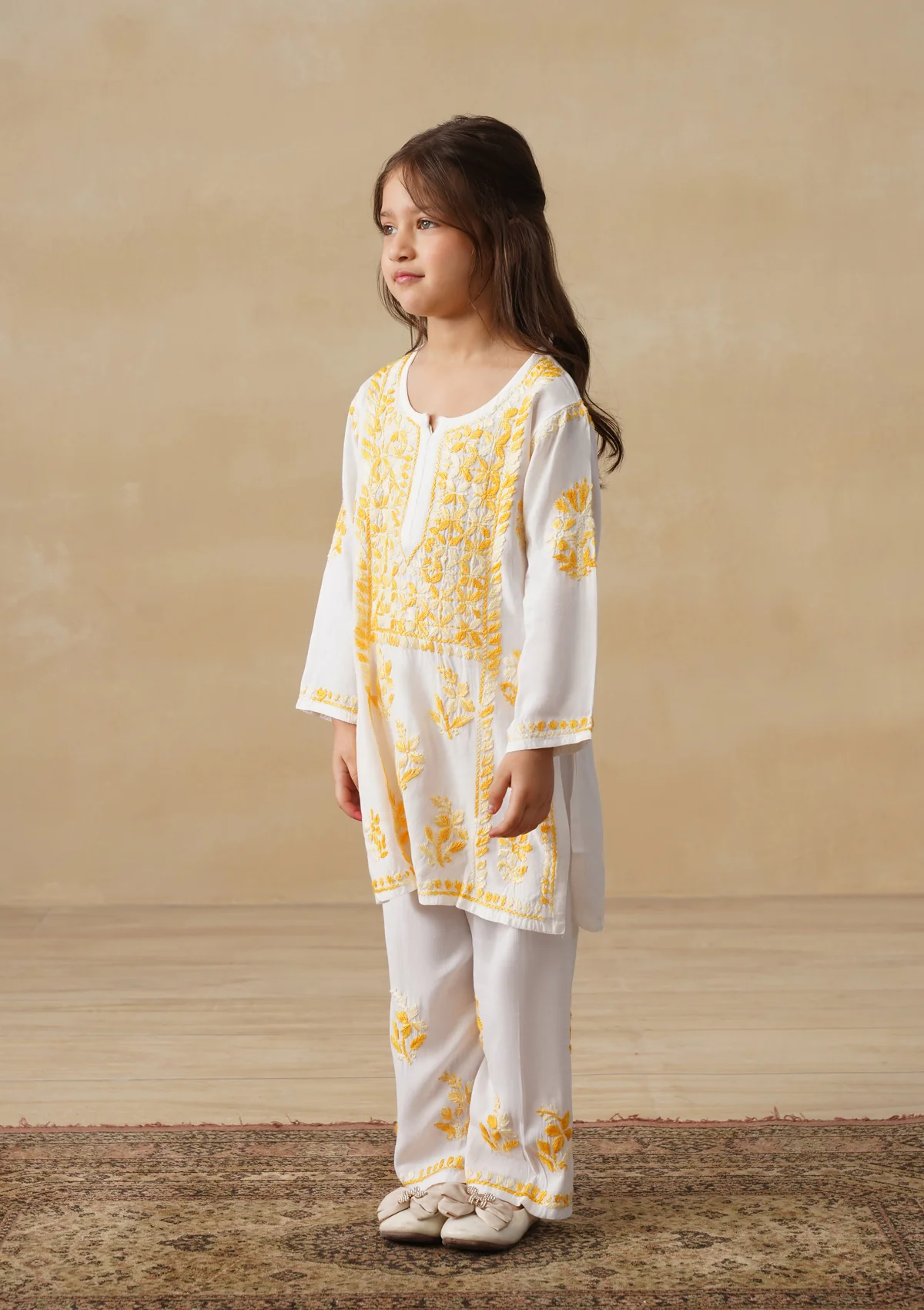 HOC Rayon Chikankari Solid Girls 2 PC Long Kurta Set - White - Image 4