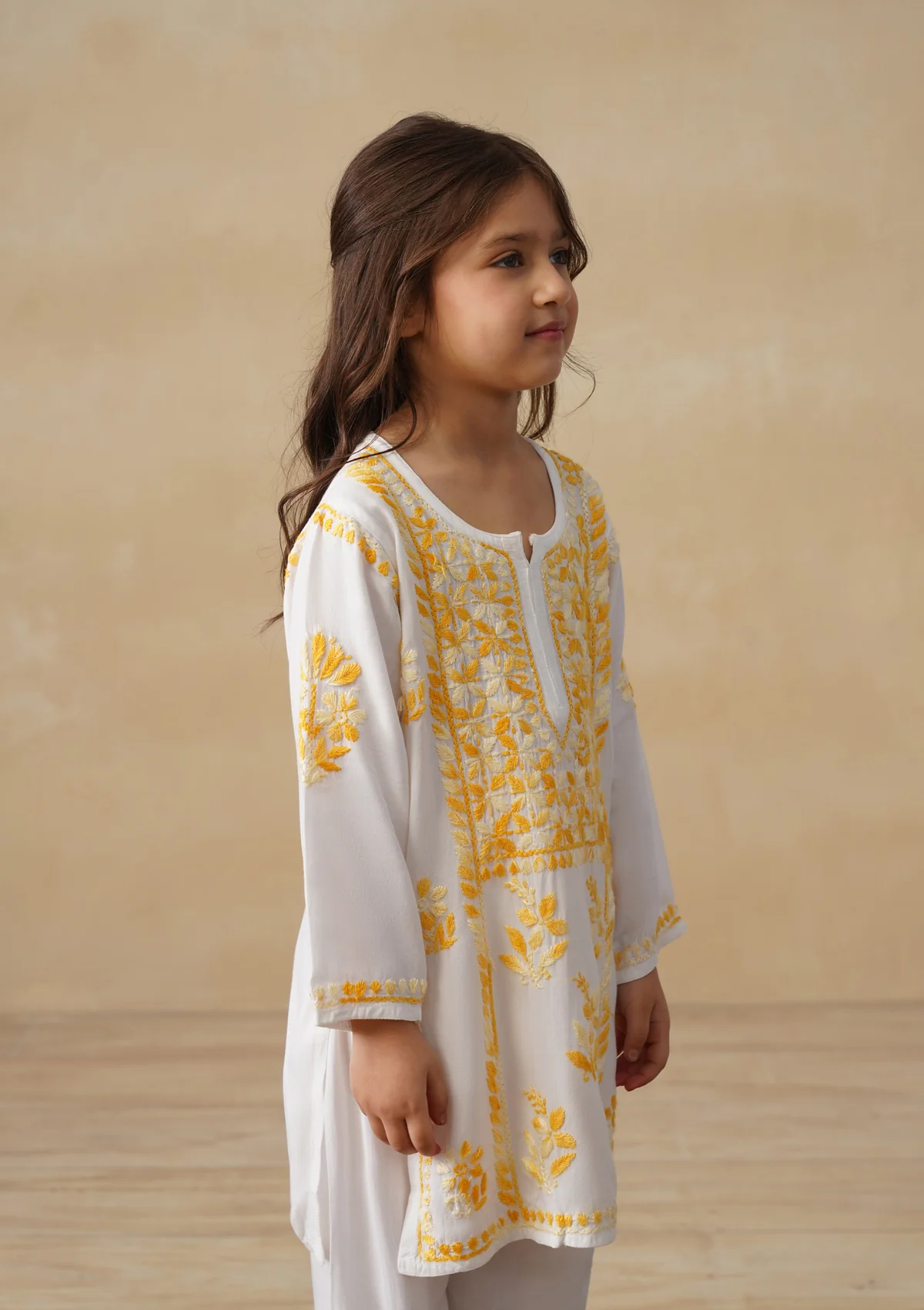 HOC Rayon Chikankari Solid Girls 2 PC Long Kurta Set - White - Image 5
