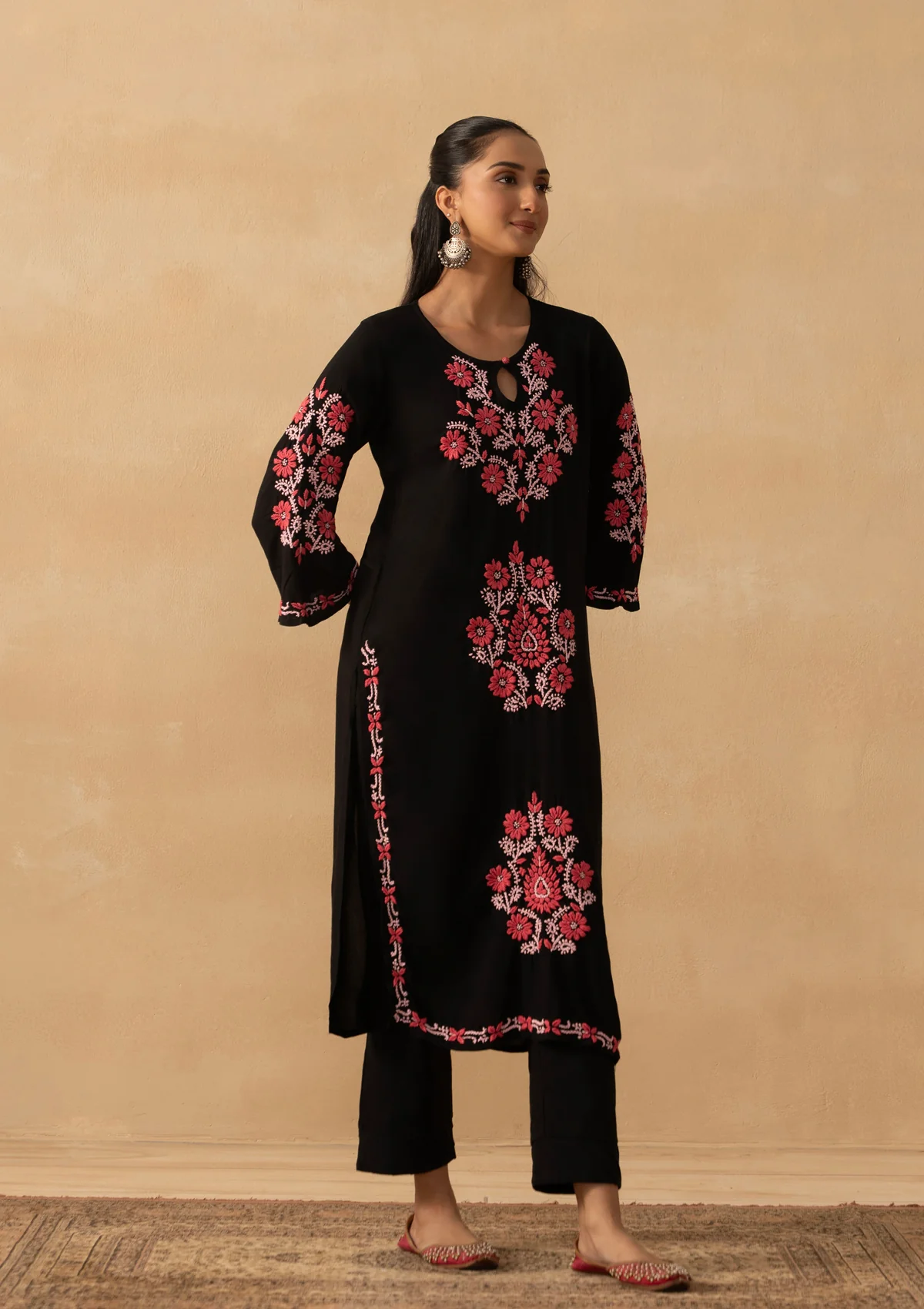 HOC Rayon Chikankari Solid Women's Long Kurta - Black - Image 5