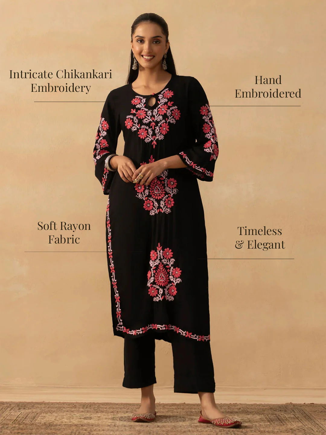 HOC Rayon Chikankari Solid Women's Long Kurta - Black - Image 7