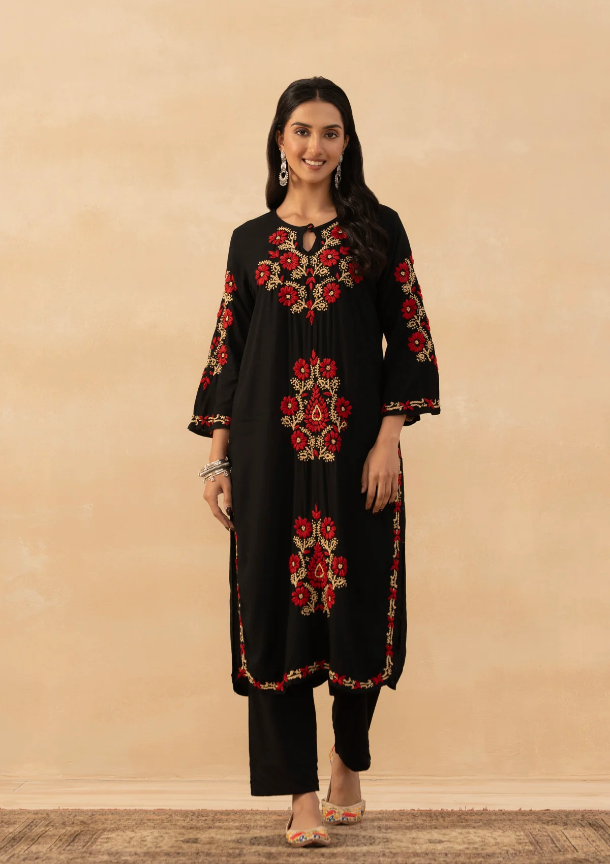 HOC Rayon Chikankari Solid Women's Long Kurta - Black