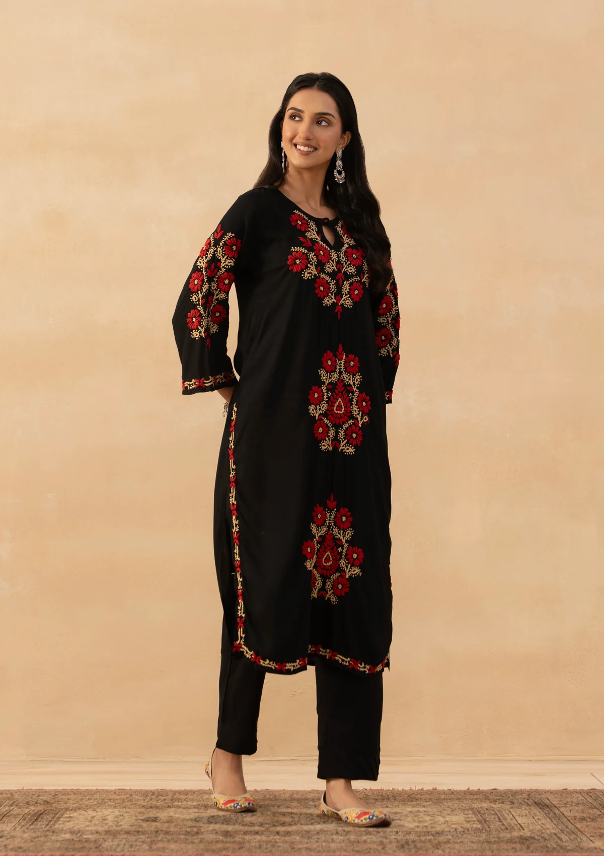 HOC Rayon Chikankari Solid Women's Long Kurta - Black - Image 4