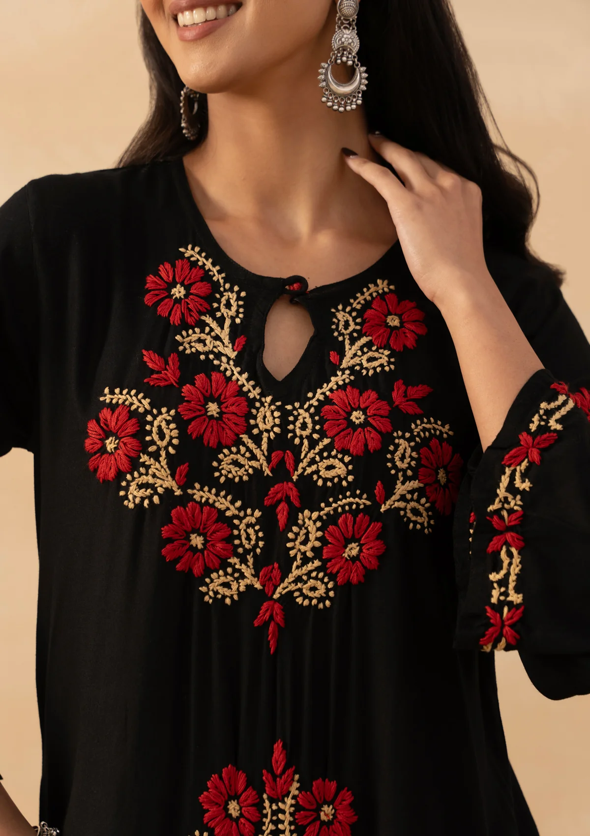 HOC Rayon Chikankari Solid Women's Long Kurta - Black - Image 5