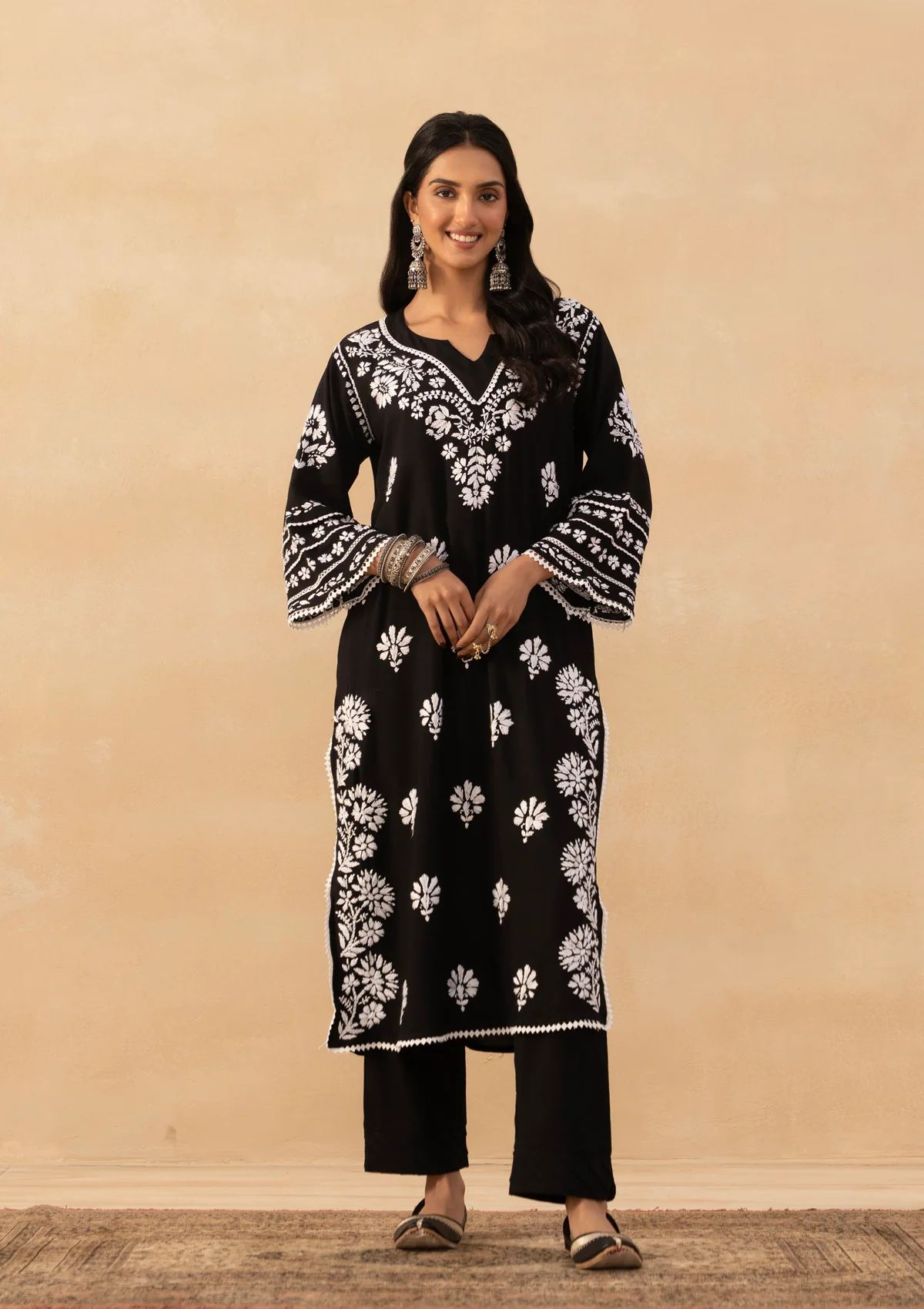 HOC Rayon Chikankari Solid Women's Long Kurta - Black