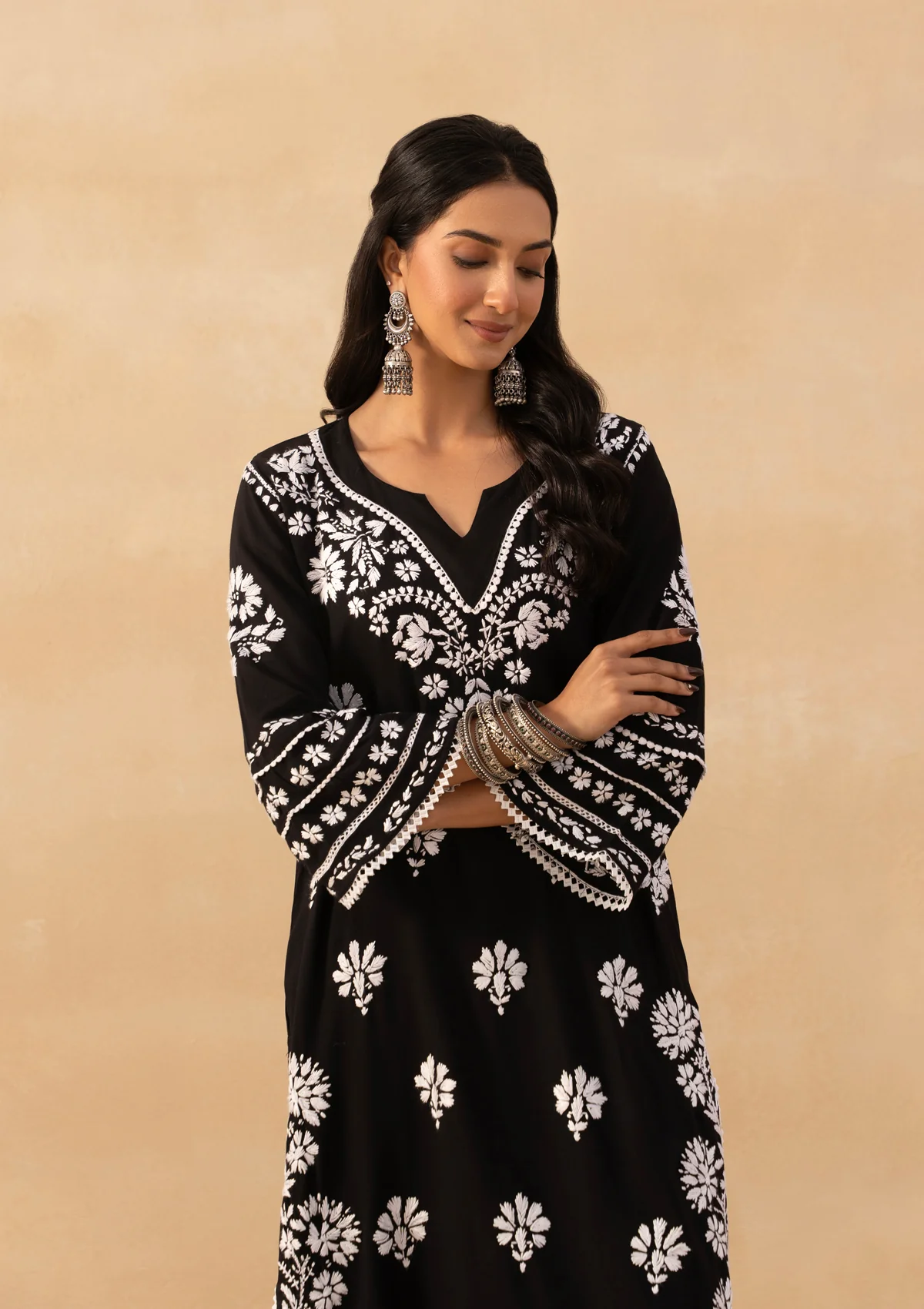 HOC Rayon Chikankari Solid Women's Long Kurta - Black - Image 2