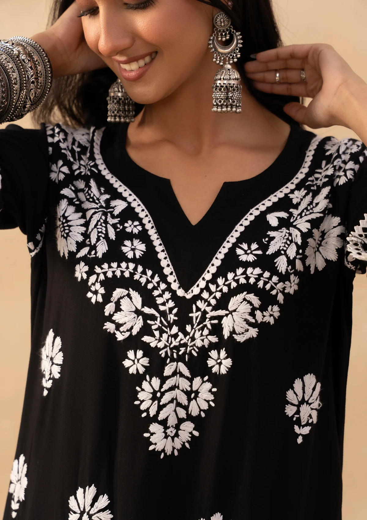 HOC Rayon Chikankari Solid Women's Long Kurta - Black - Image 5