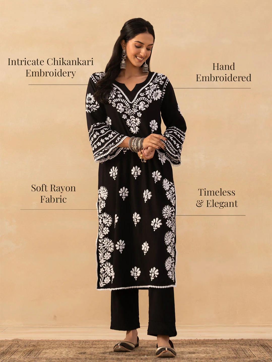HOC Rayon Chikankari Solid Women's Long Kurta - Black - Image 7