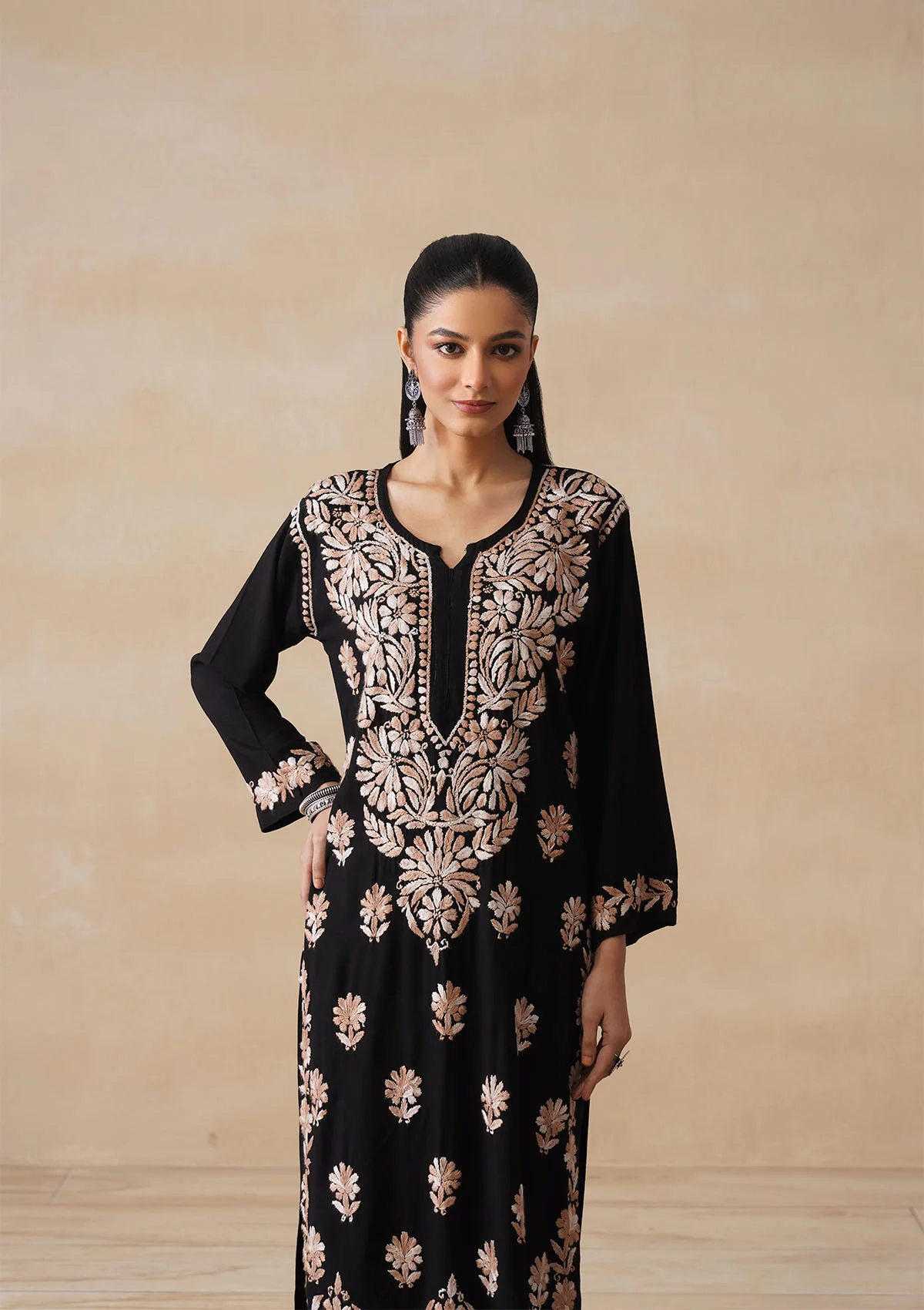 HOC Rayon Chikankari Solid Women's 2 PC Long Kurta Set - Black - Image 2