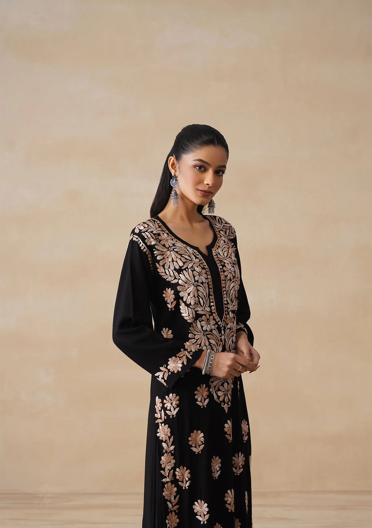 HOC Rayon Chikankari Solid Women's 2 PC Long Kurta Set - Black - Image 4