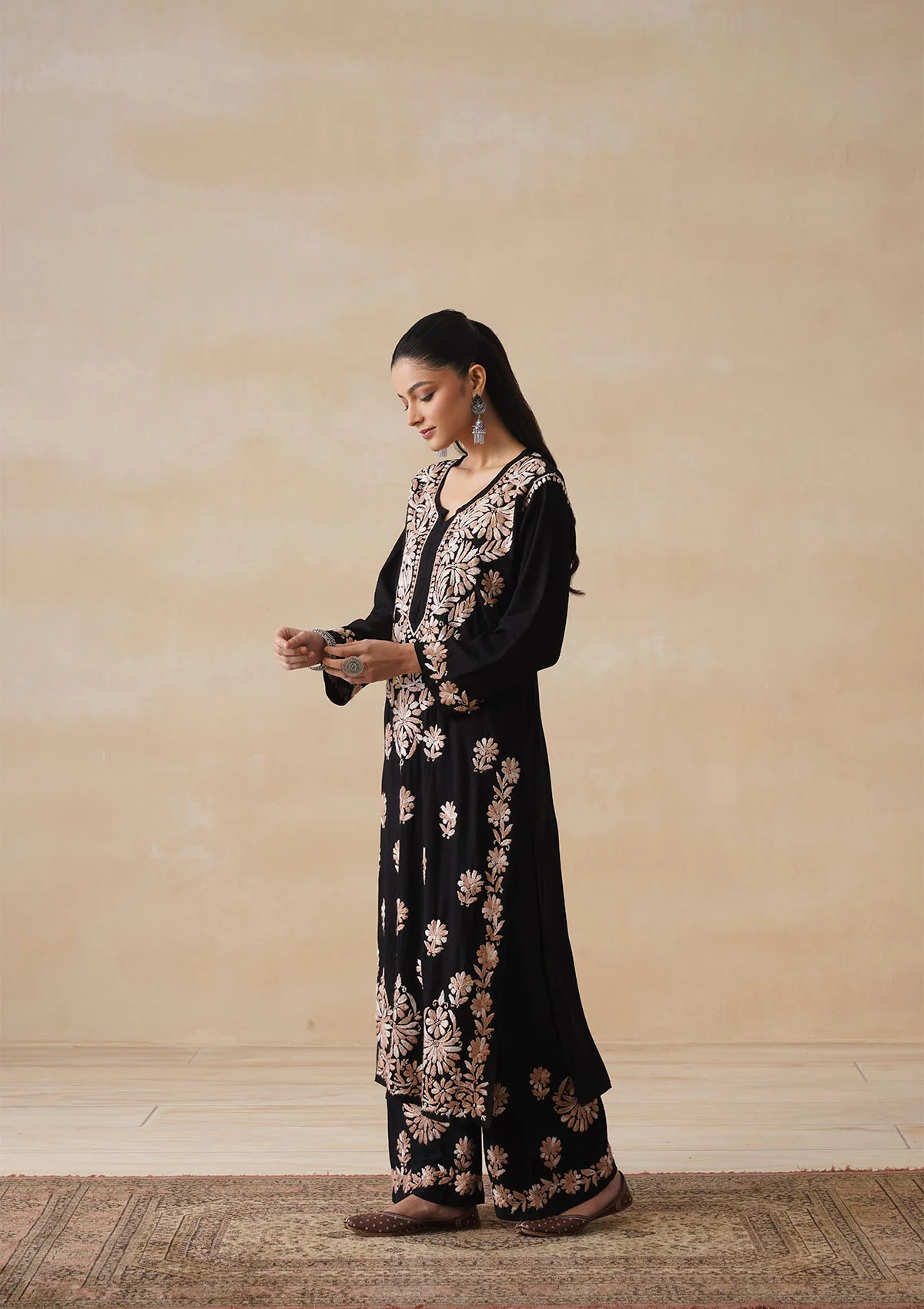 HOC Rayon Chikankari Solid Women's 2 PC Long Kurta Set - Black - Image 6