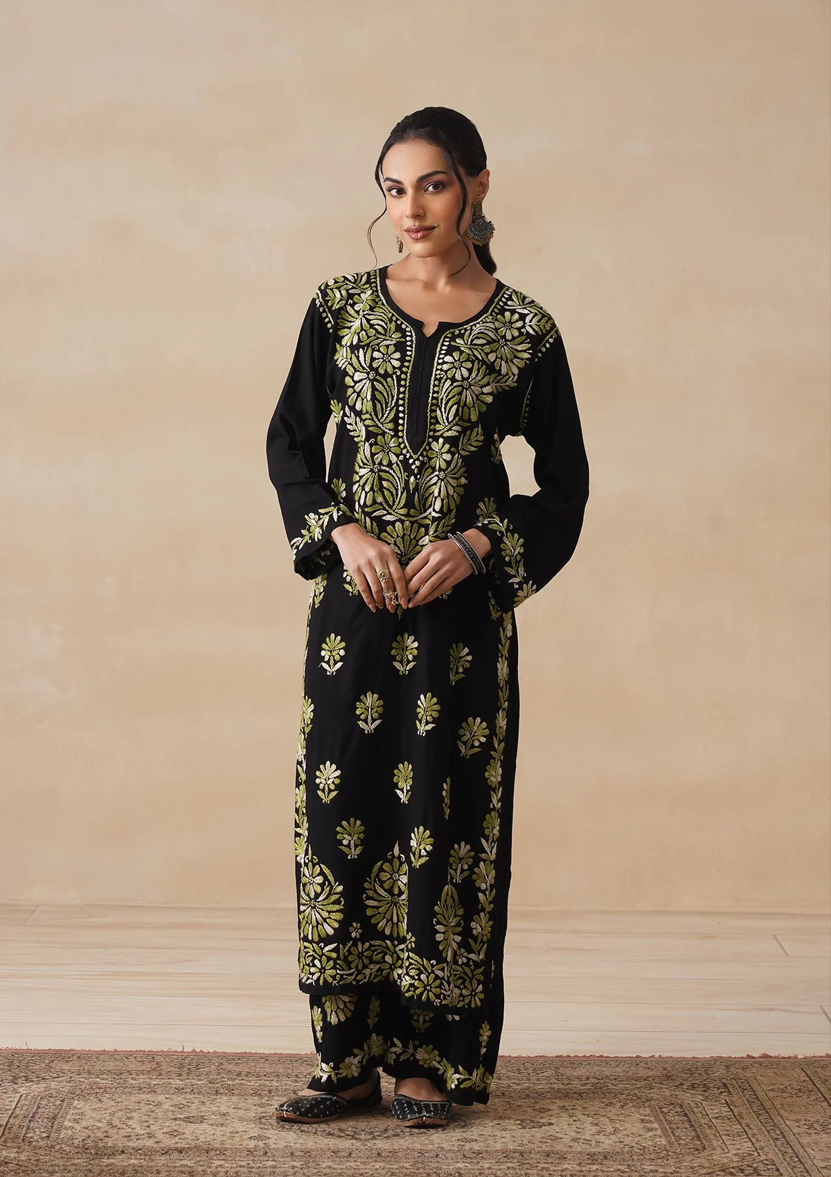 HOC Rayon Chikankari Solid Women's 2 PC Long Kurta Set - Black
