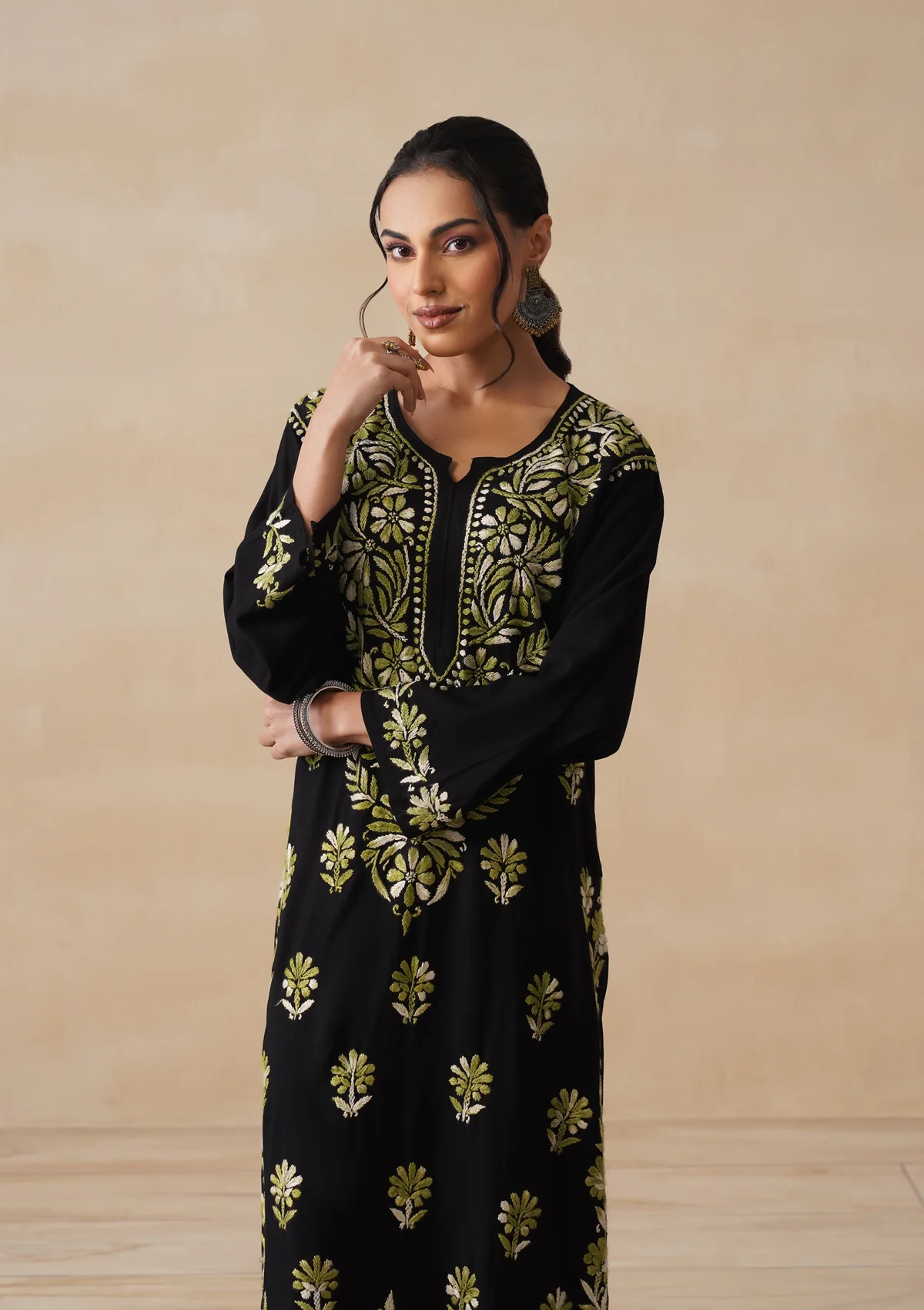 HOC Rayon Chikankari Solid Women's 2 PC Long Kurta Set - Black - Image 2