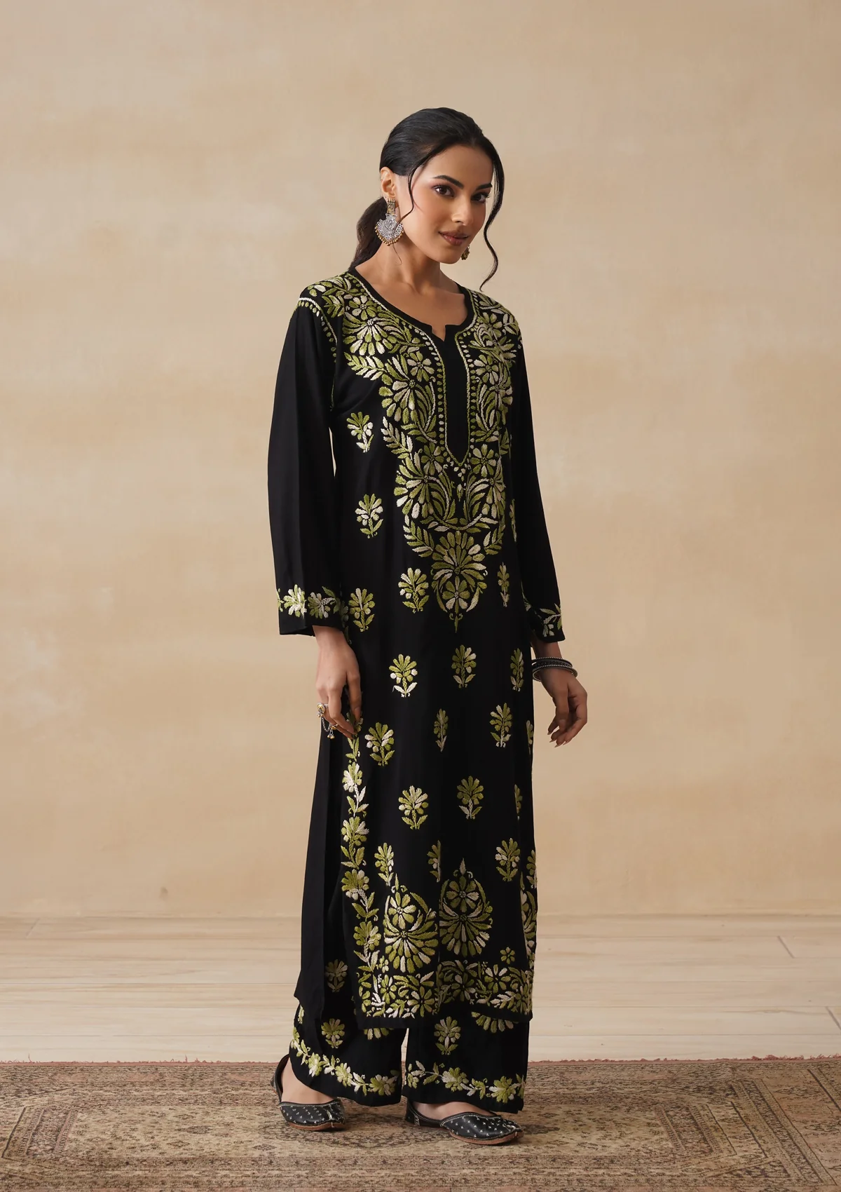 HOC Rayon Chikankari Solid Women's 2 PC Long Kurta Set - Black - Image 6