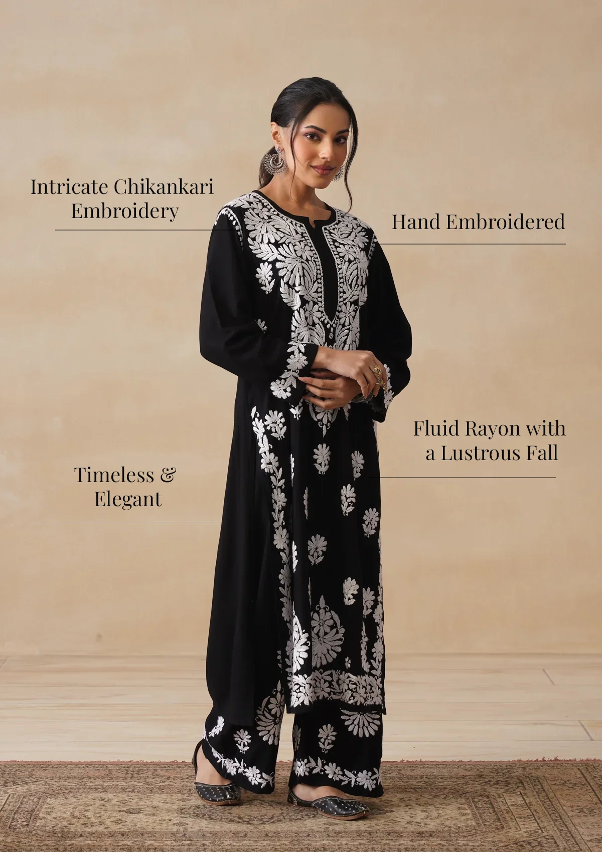 HOC Rayon Chikankari Solid Women's 2 PC Long Kurta Set - Black - Image 12