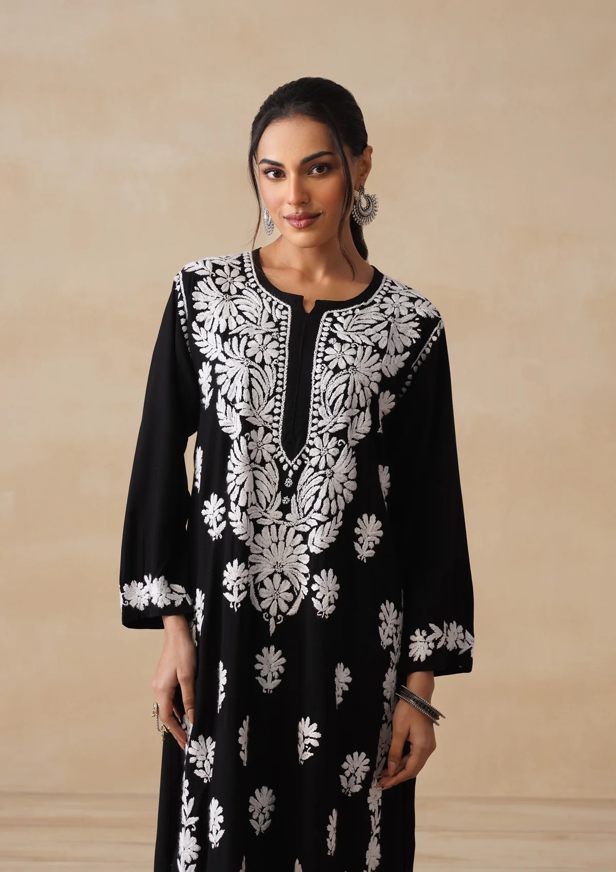 HOC Rayon Chikankari Solid Women's 2 PC Long Kurta Set - Black - Image 2