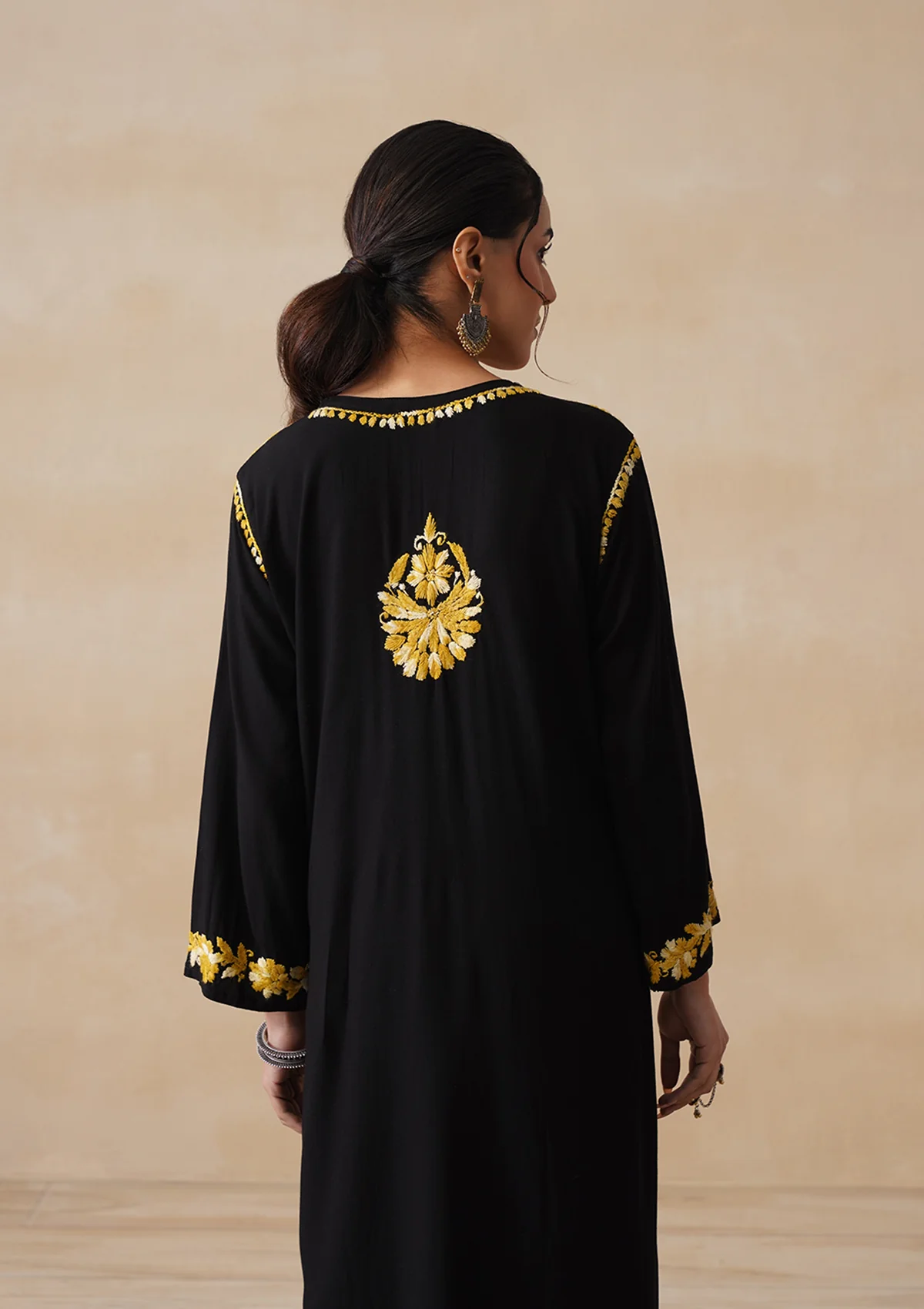 HOC Rayon Chikankari Solid Women's 2 PC Long Kurta Set - Black - Image 10