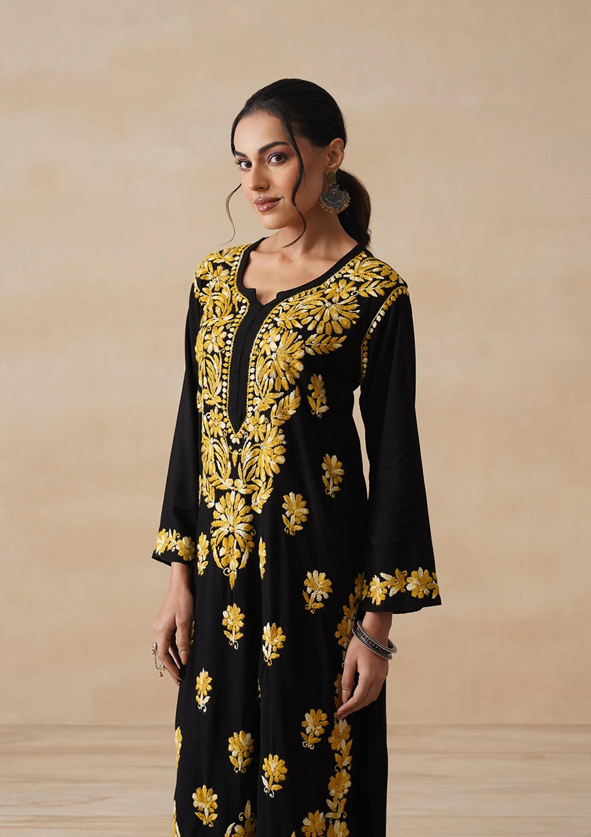 HOC Rayon Chikankari Solid Women's 2 PC Long Kurta Set - Black - Image 5