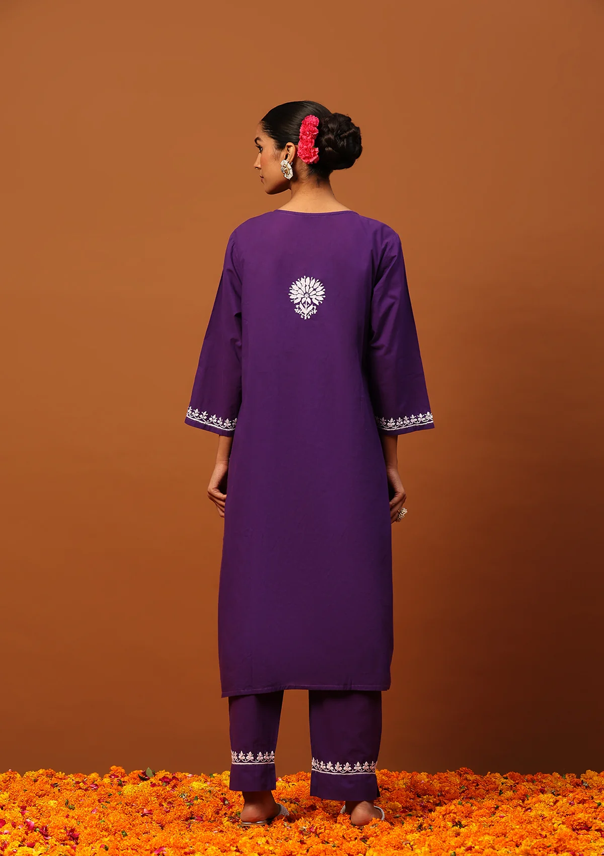 HOC Cotton Chikankari Solid Women's 2 PC Long Kurta Set-Purple - Image 7