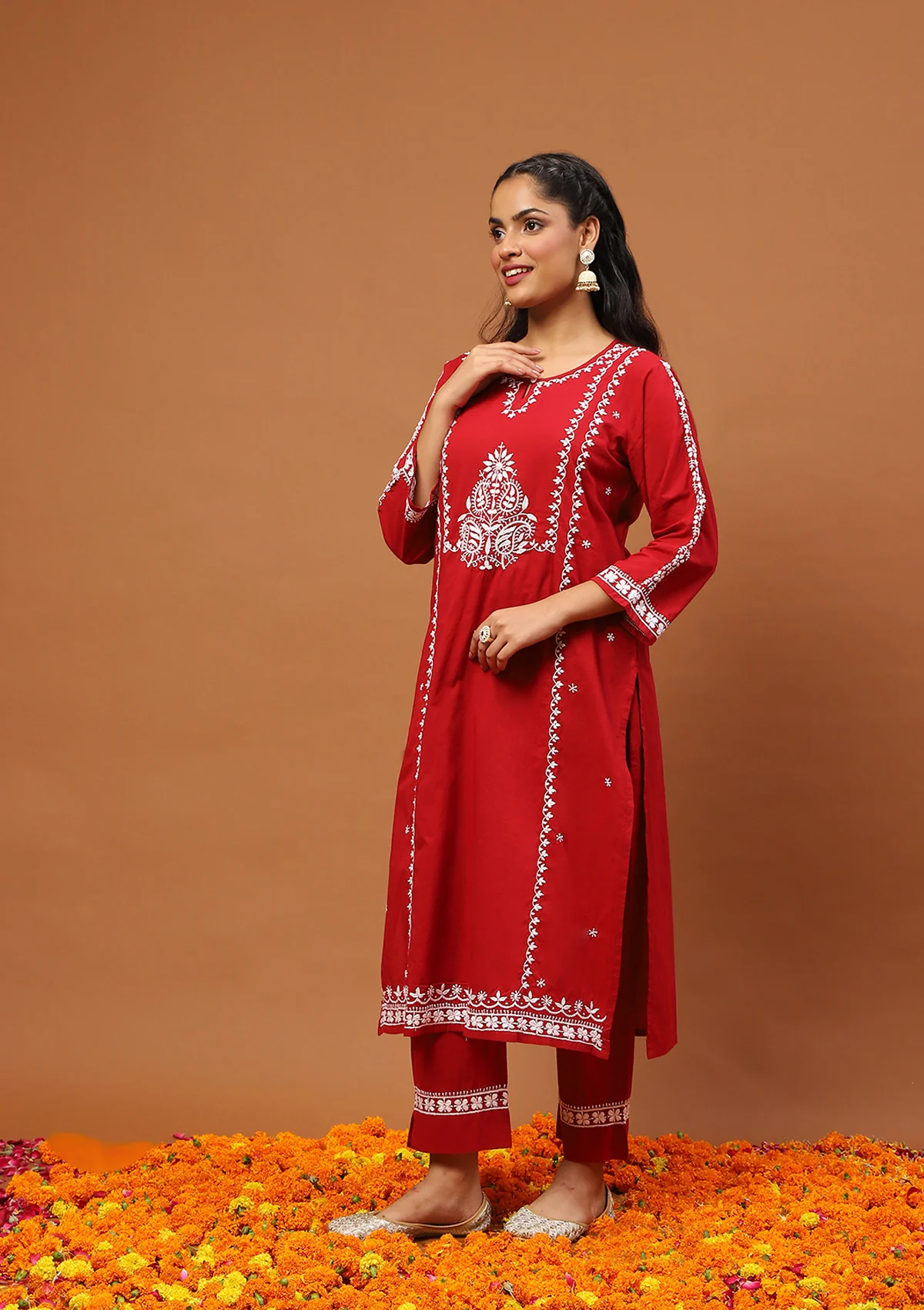 HOC Cotton Chikankari Solid Women's 2 PC Long Kurta Set-Red - Image 3