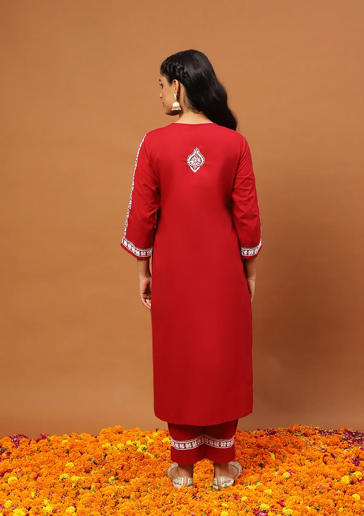 HOC Cotton Chikankari Solid Women's 2 PC Long Kurta Set-Red - Image 5