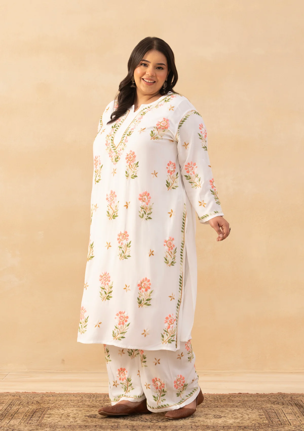 HOC Rayon Chikankari Solid Women's 2 PC Long Kurta Set - White - Image 4