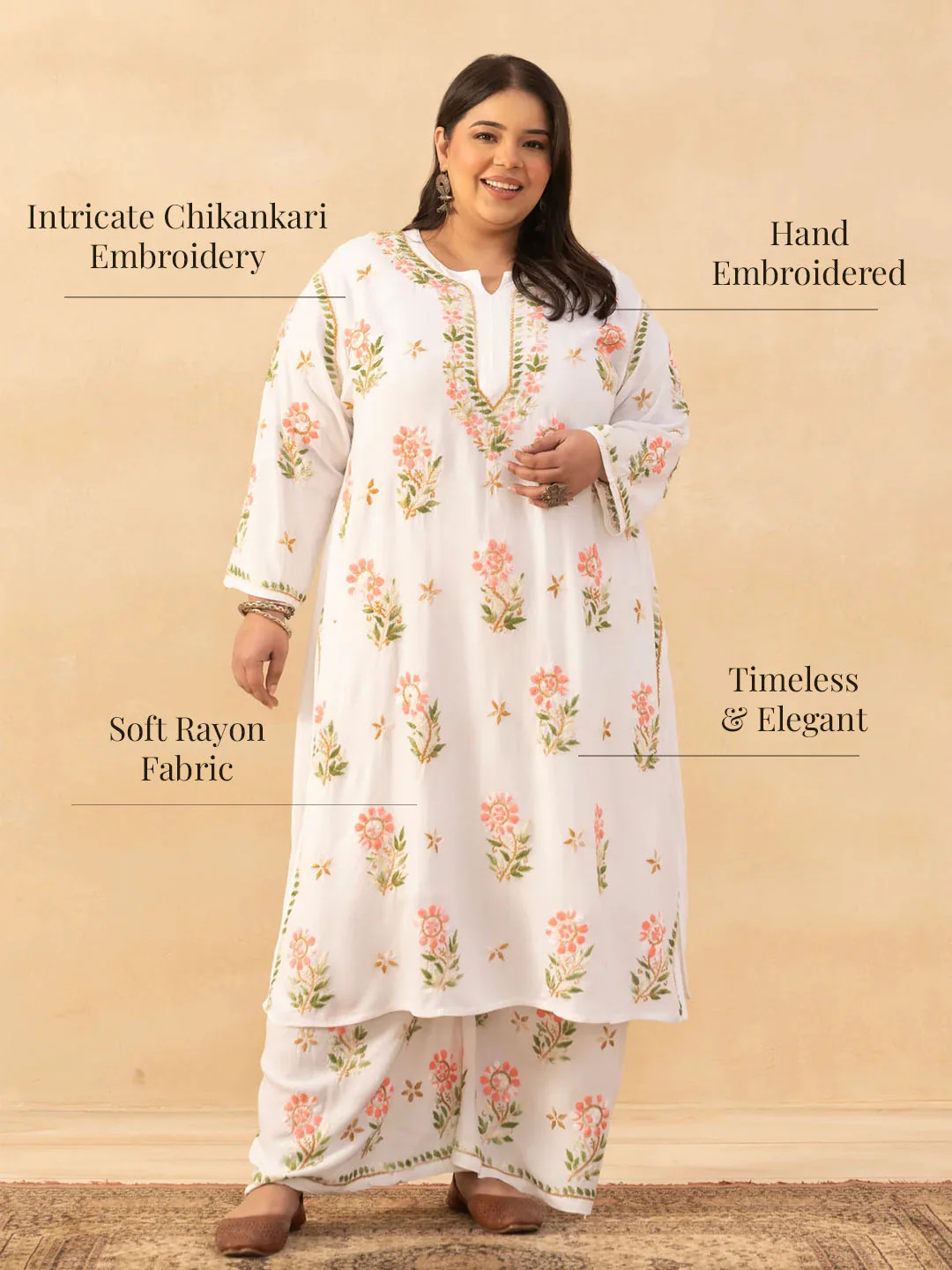 HOC Rayon Chikankari Solid Women's 2 PC Long Kurta Set - White - Image 9