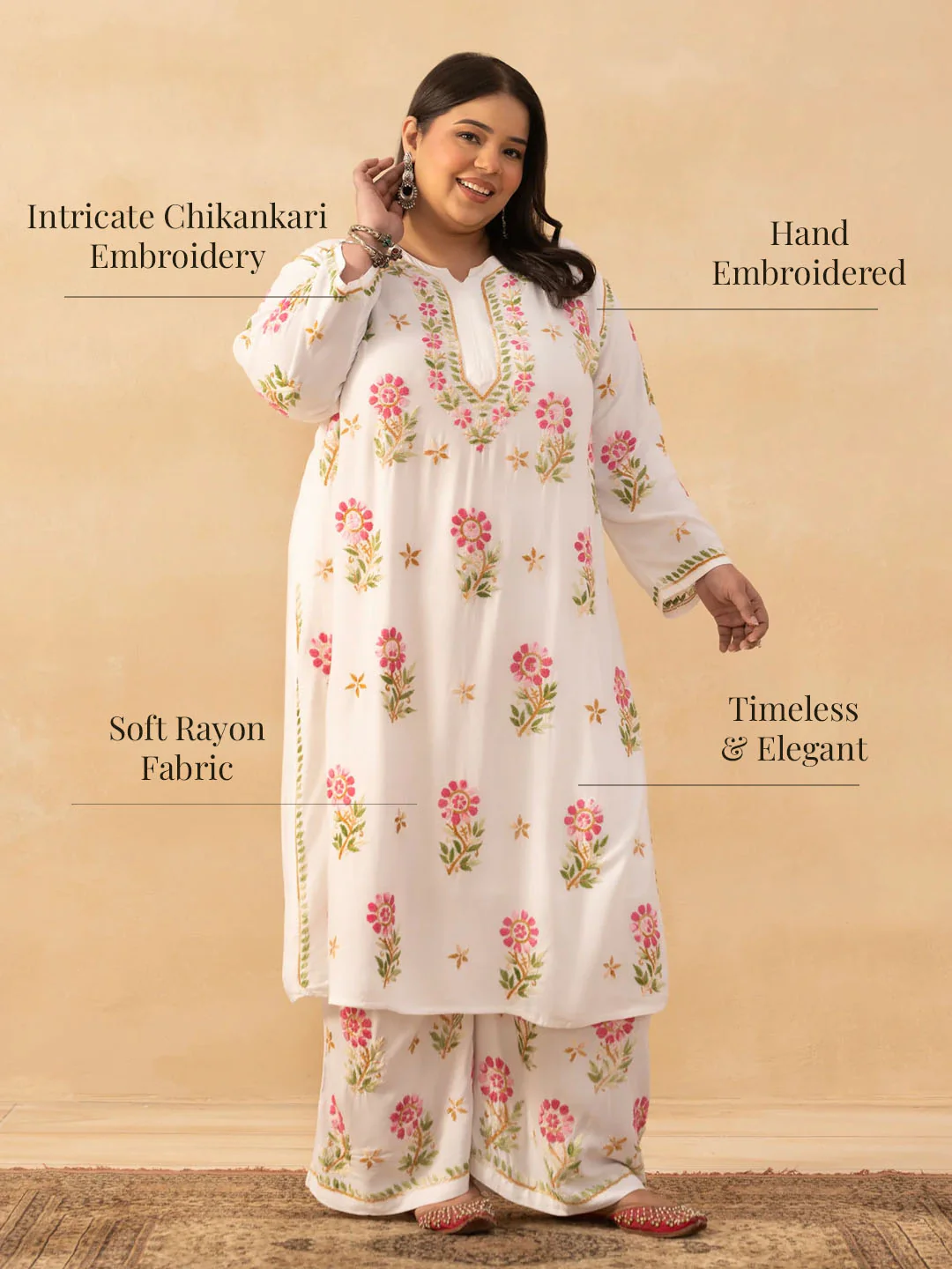 HOC Rayon Chikankari Solid Women's 2 PC Long Kurta Set - White - Image 11