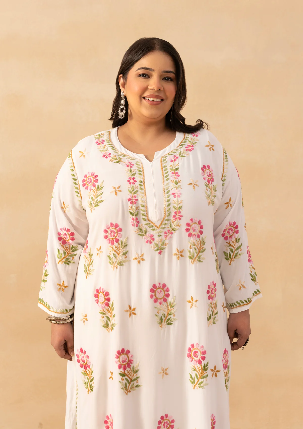 HOC Rayon Chikankari Solid Women's 2 PC Long Kurta Set - White - Image 4