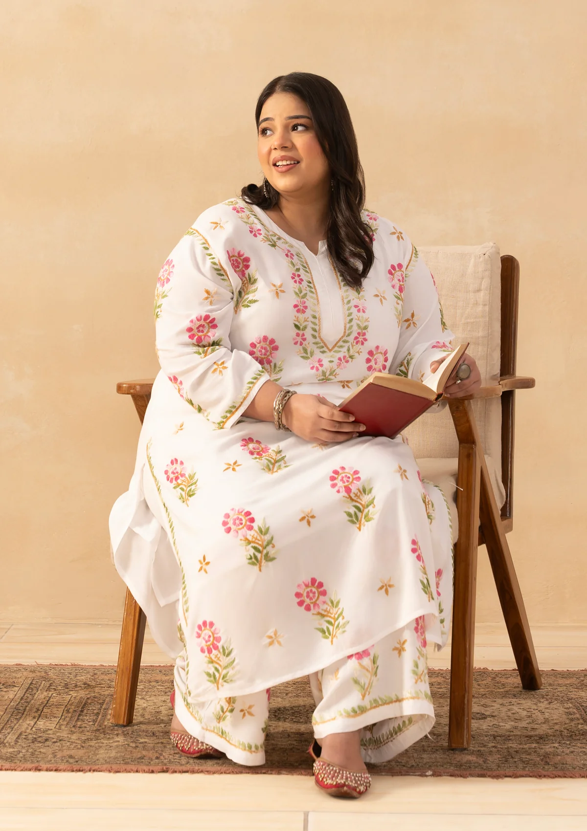 HOC Rayon Chikankari Solid Women's 2 PC Long Kurta Set - White - Image 5