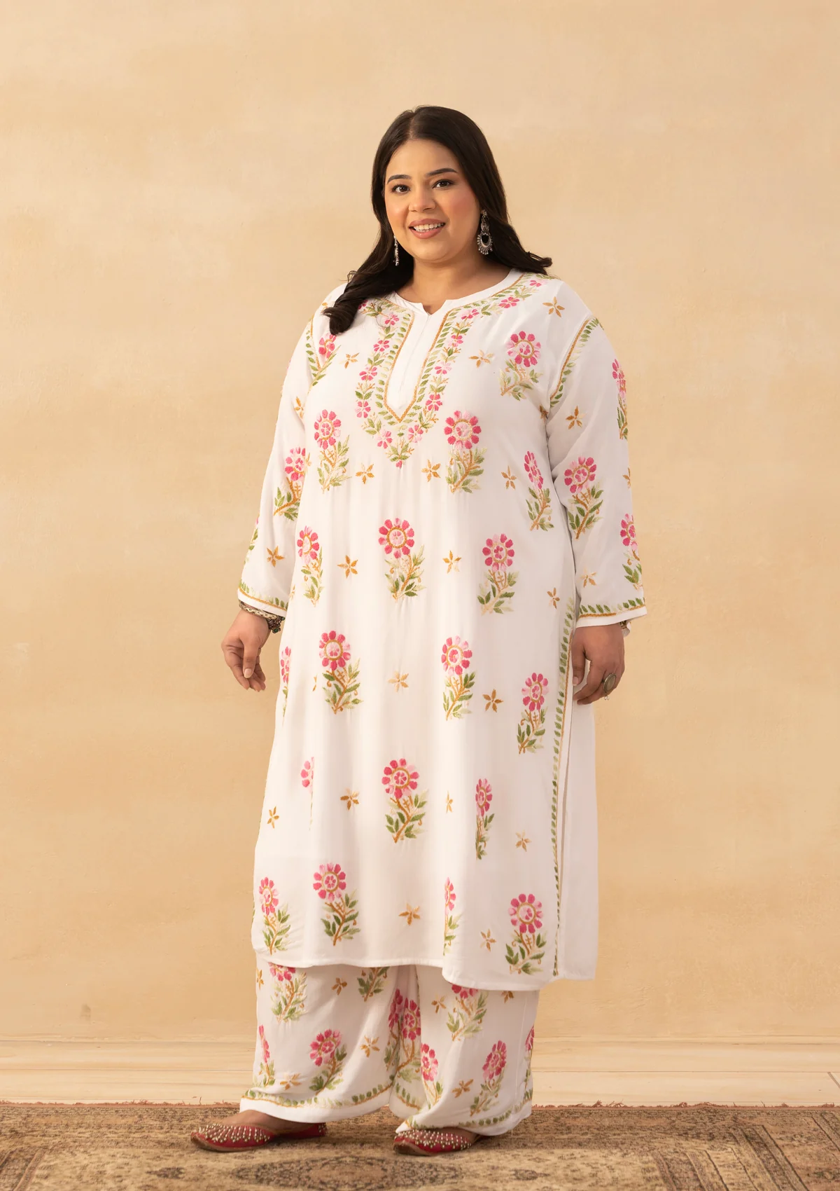 HOC Rayon Chikankari Solid Women's 2 PC Long Kurta Set - White - Image 6