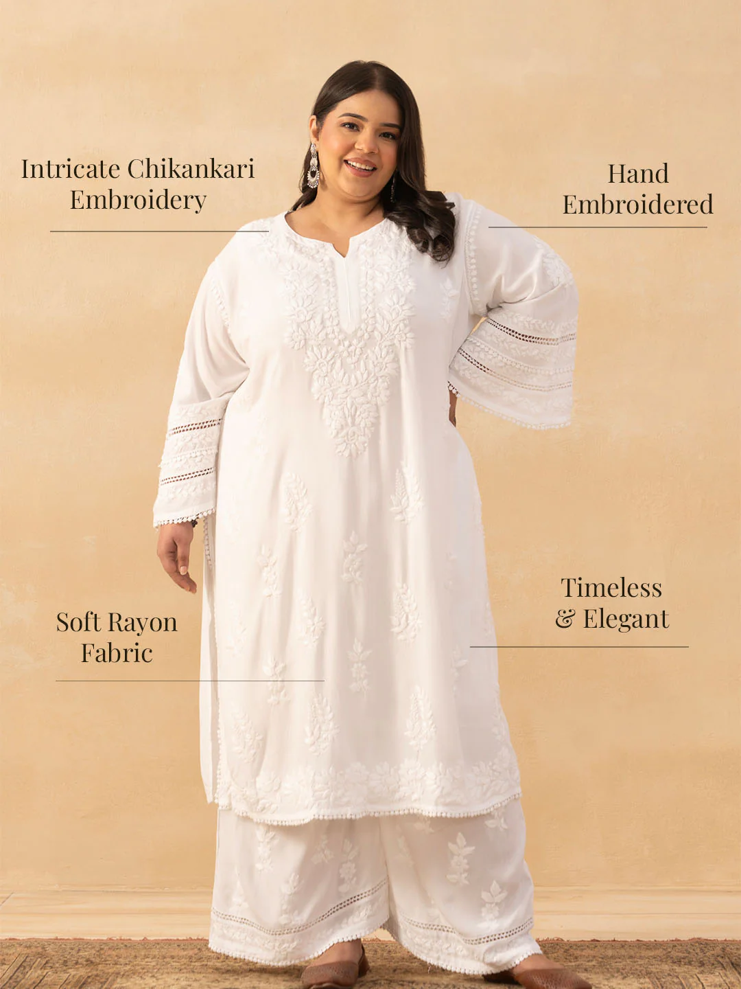 HOC Rayon Chikankari Solid Women's 2 PC Long Kurta Set - White - Image 10