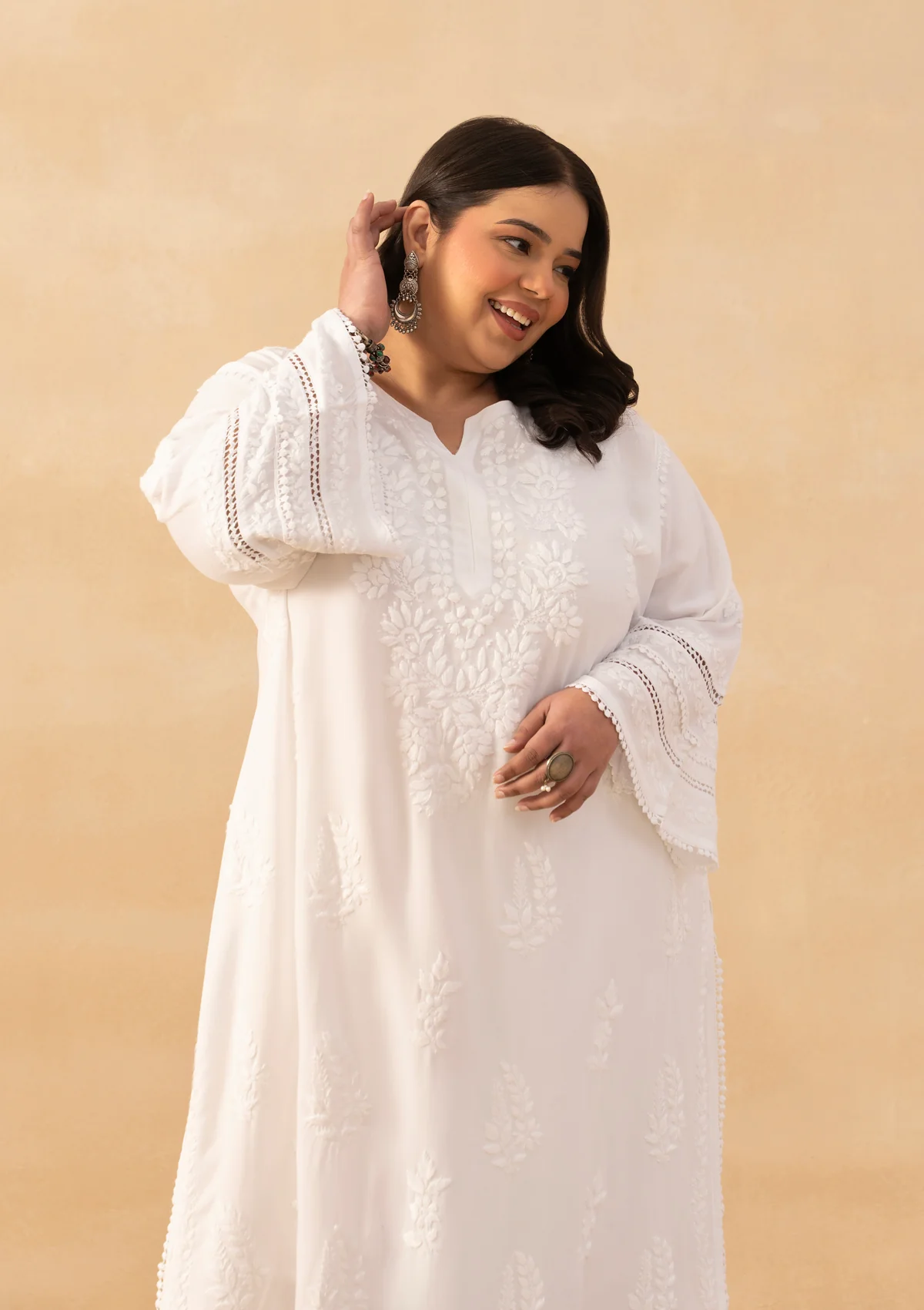 HOC Rayon Chikankari Solid Women's 2 PC Long Kurta Set - White - Image 2