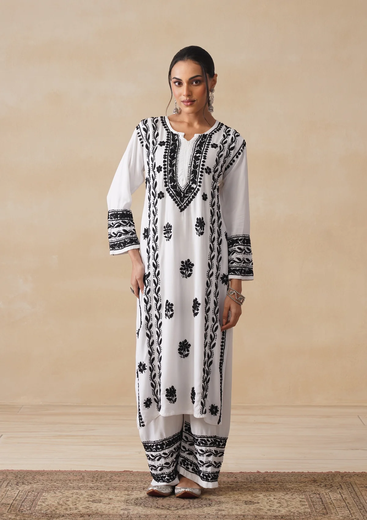 HOC Rayon Chikankari Solid Women's 2 PC Long Kurta Set - White