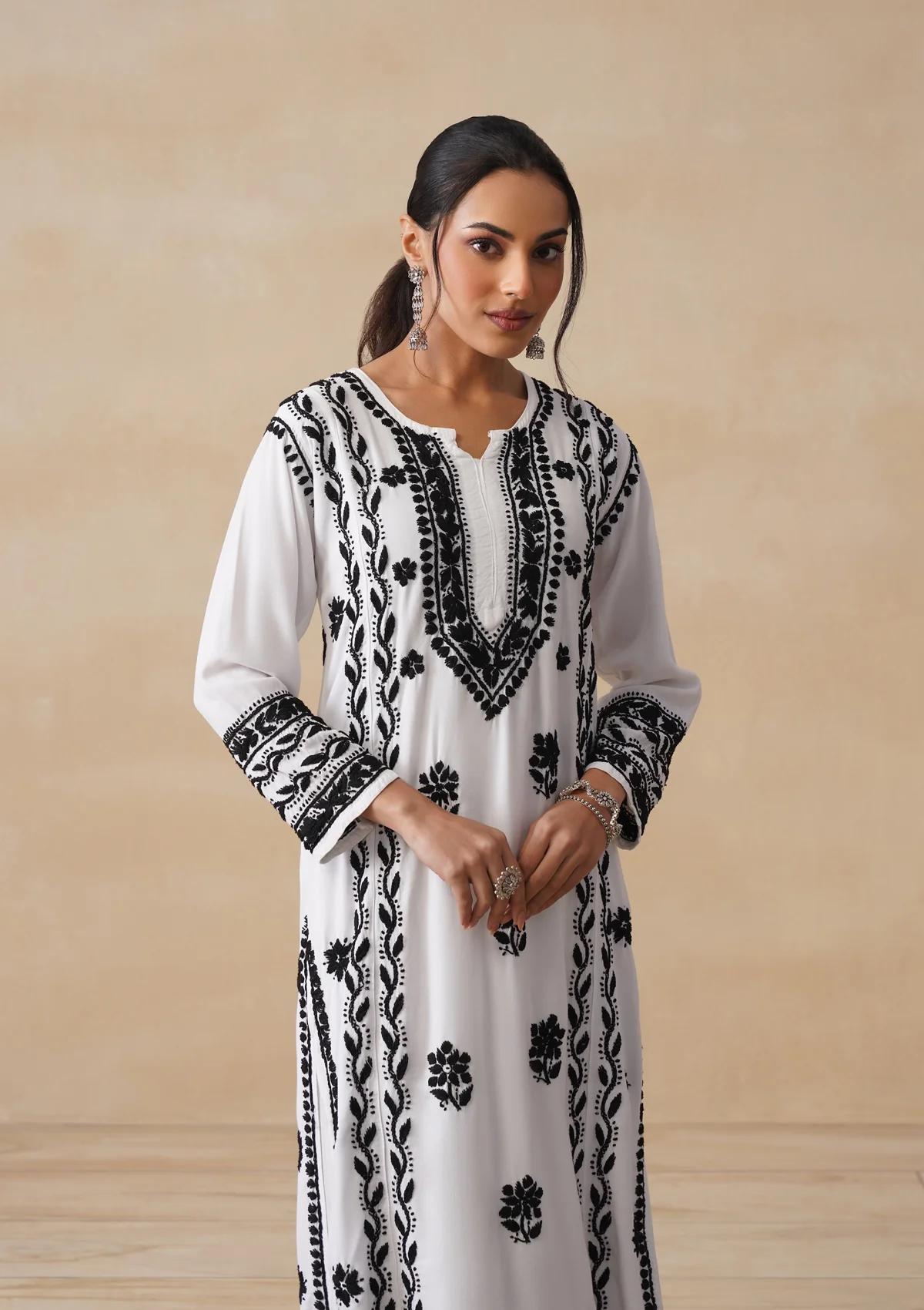 HOC Rayon Chikankari Solid Women's 2 PC Long Kurta Set - White - Image 2
