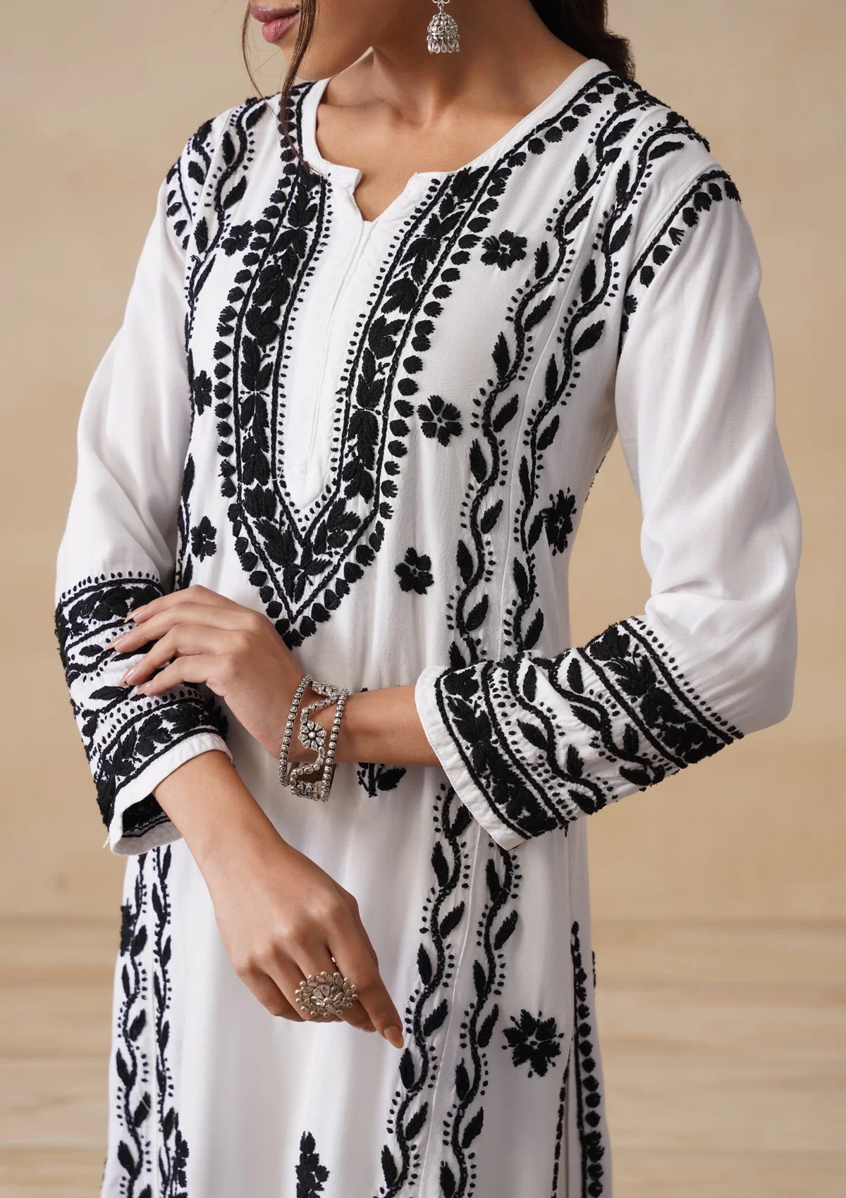 HOC Rayon Chikankari Solid Women's 2 PC Long Kurta Set - White - Image 4