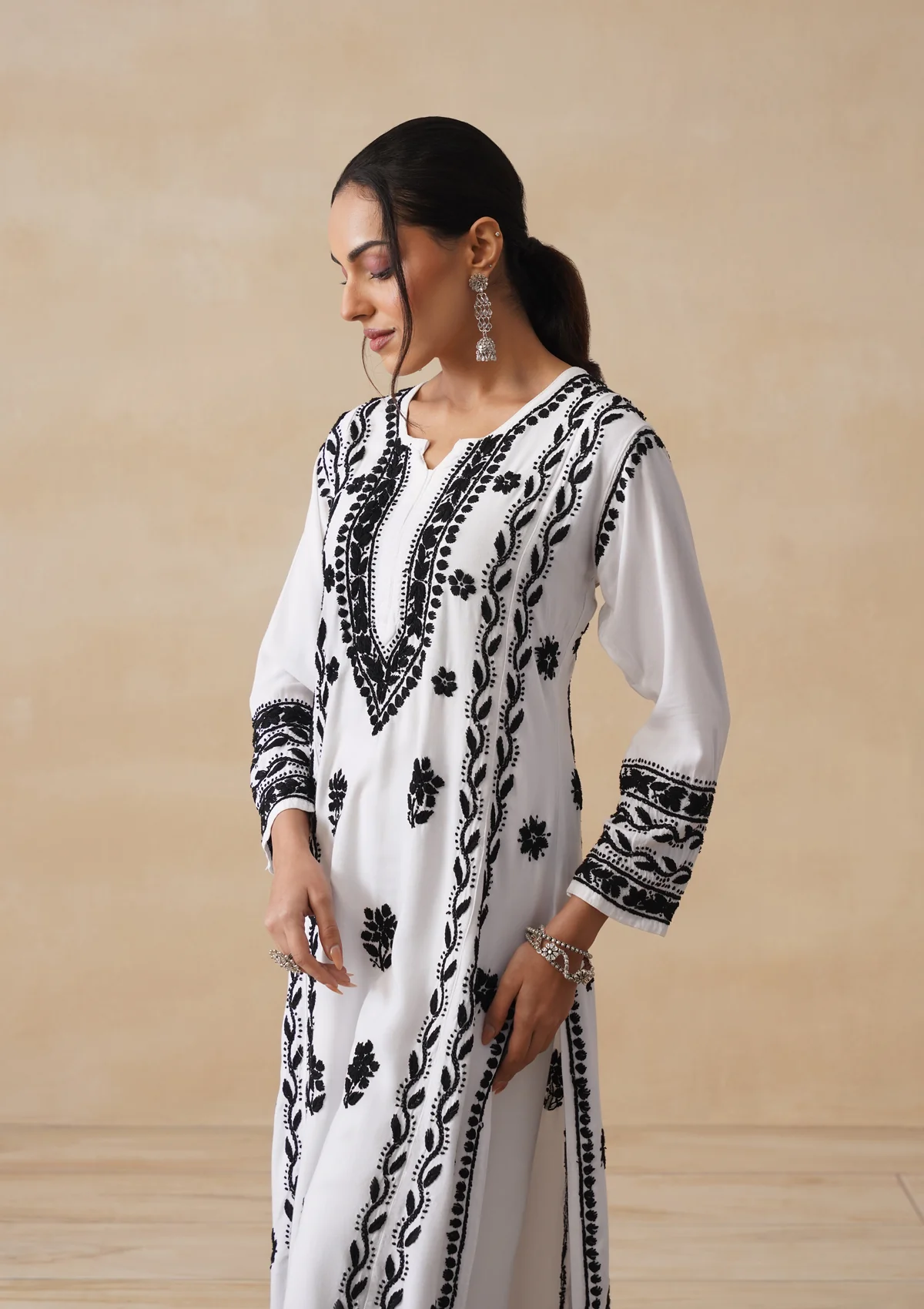HOC Rayon Chikankari Solid Women's 2 PC Long Kurta Set - White - Image 6