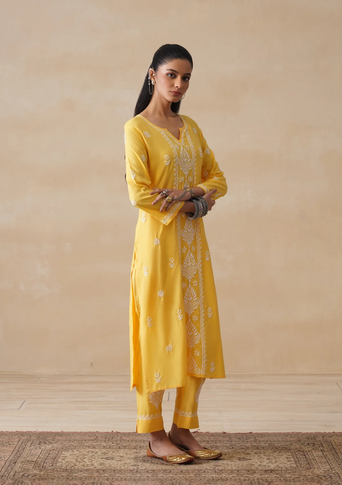 HOC Rayon Chikankari Solid Women's 3 PC Long Kurta Set - Yellow - Image 11