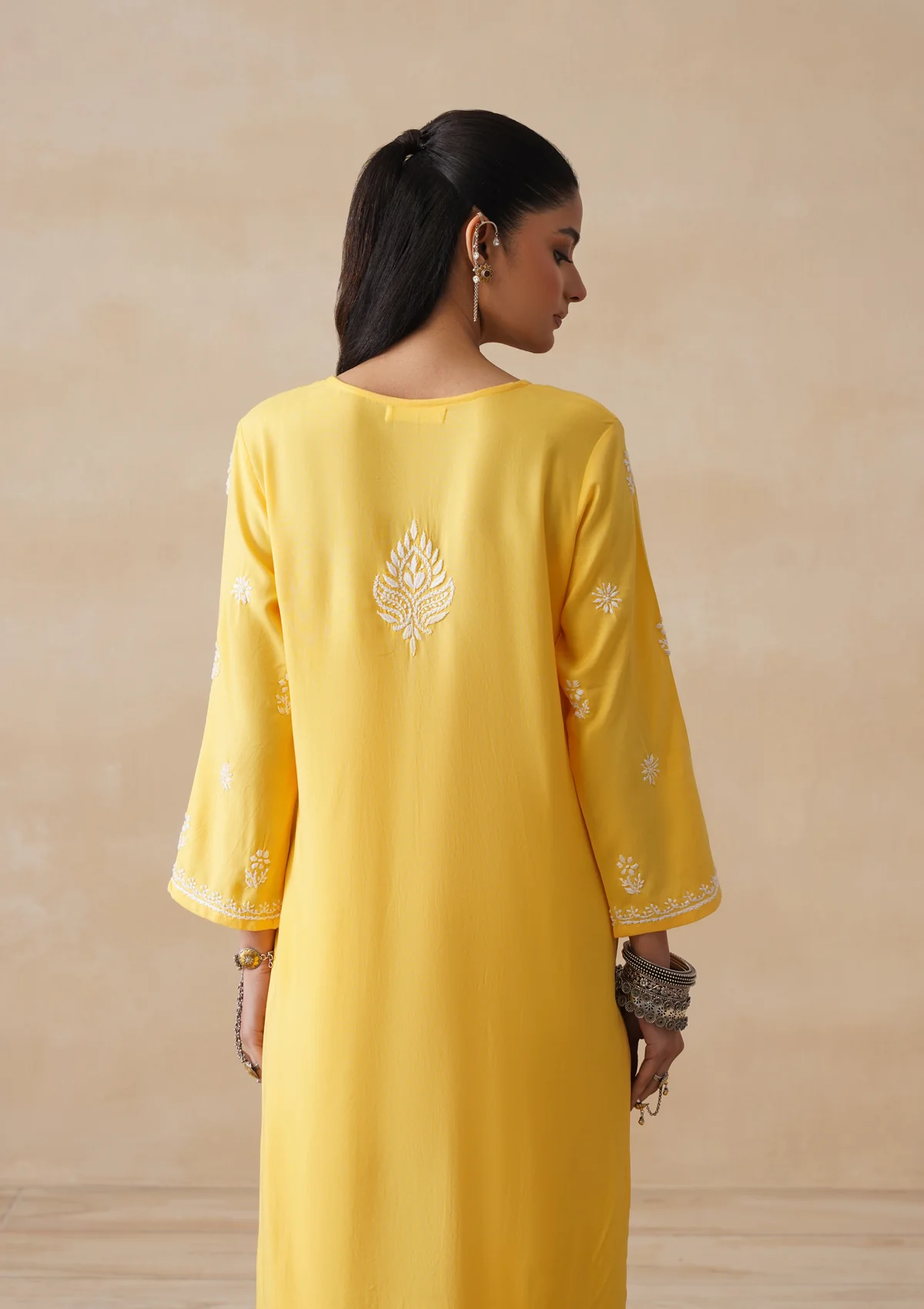 HOC Rayon Chikankari Solid Women's 3 PC Long Kurta Set - Yellow - Image 14