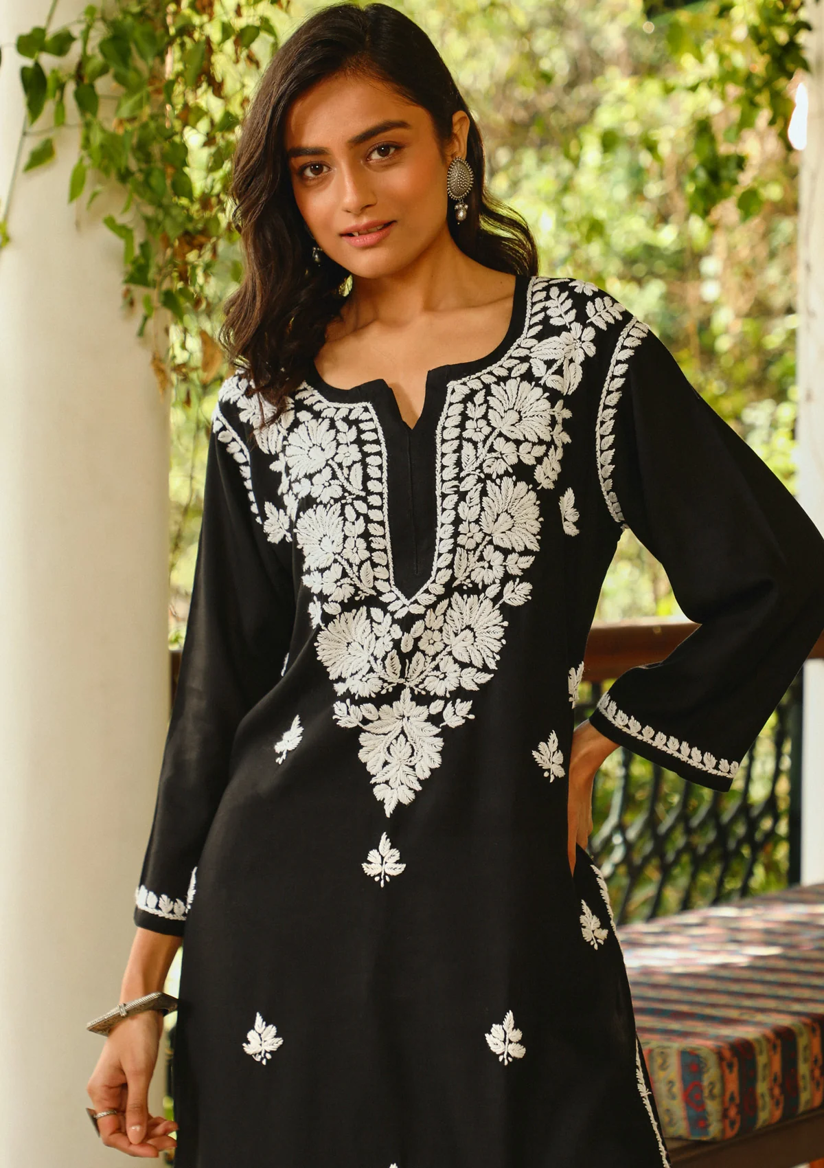 Rayon Chikankari Solid Women's Long Kurta - Black