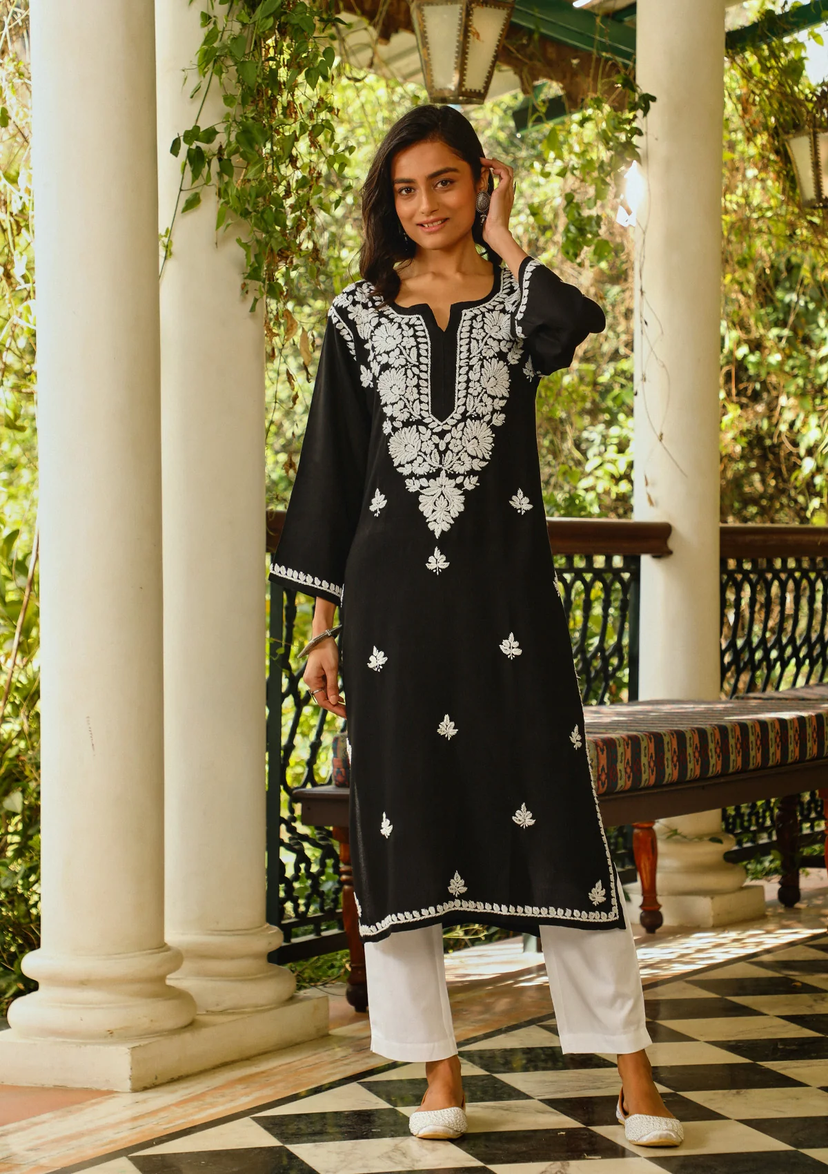 Rayon Chikankari Solid Women's Long Kurta - Black - Image 2